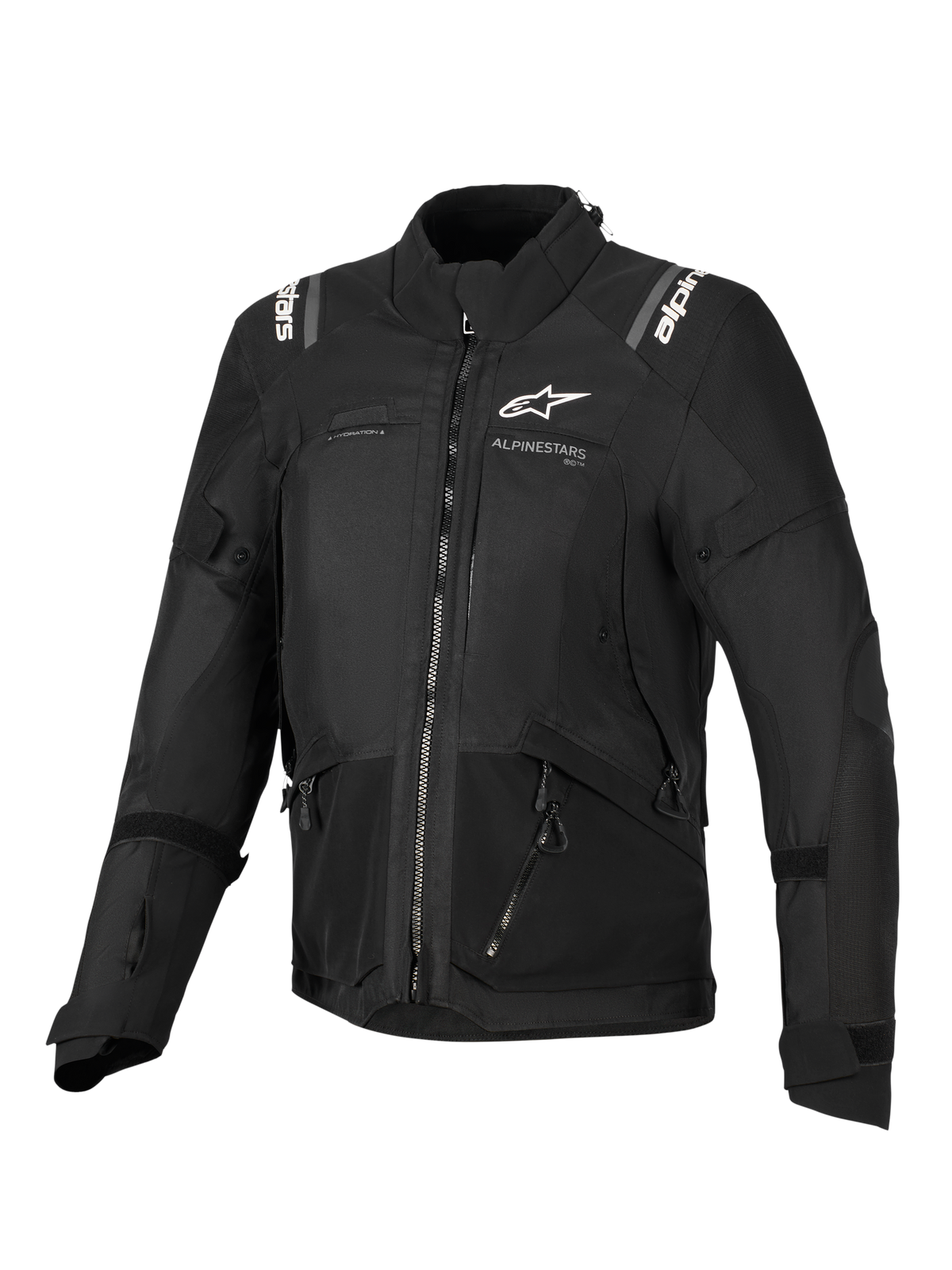 Alpinestars Stella Andes V4 Drystar® jakke, motorcykeljakke til kvinder, sort, set forfra med hvide logoer på brystet og skuldrene, multi-panel tekstildesign med lynlåse og reflekterende detaljer, adventure-touring stil