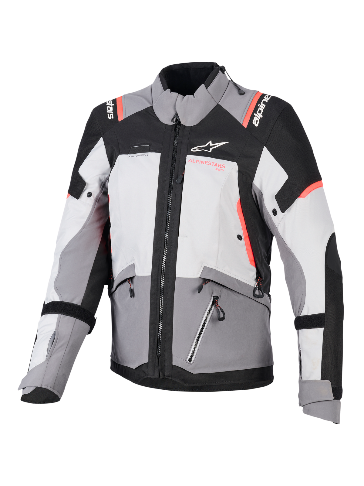 Alpinestars Stella Andes V4 Drystar® dame-motorcykeljakke, grå og sort med koralrøde detaljer, vandtæt adventuretekstil.