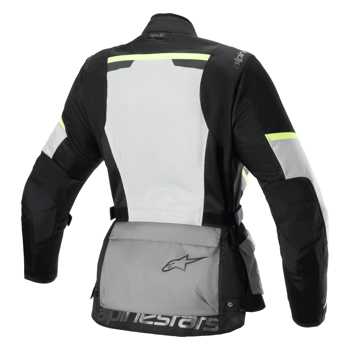Alpinestars Stella Andes Air Drystar® jakke, touring-motorcykeljakke til damer, set bagfra, Ice Gray, Dark Gray og sort, med et stort hvidt mesh-rygpanel, grå opbevaringslomme bagpå med logo, gule hi-viz detaljer og tekstilkonstruktion for optimal luftstrøm og beskyttelse.
