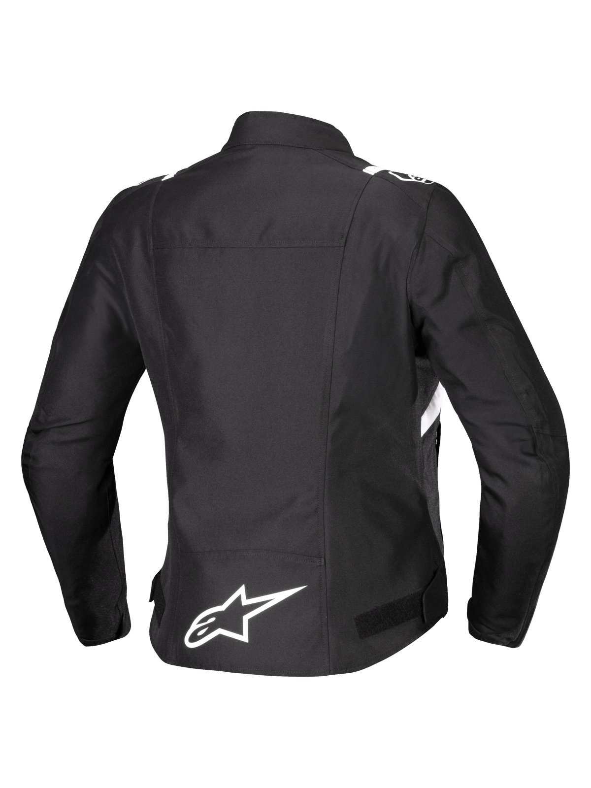 Alpinestars Stella T-SPS V2 Vandtæt Jakke, set bagfra, motorcykeljakke i tekstil til damer, sort med hvide detaljer, hvidt Alpinestars-stjernelogo på lænden, sportslig racer-inspireret silhuet