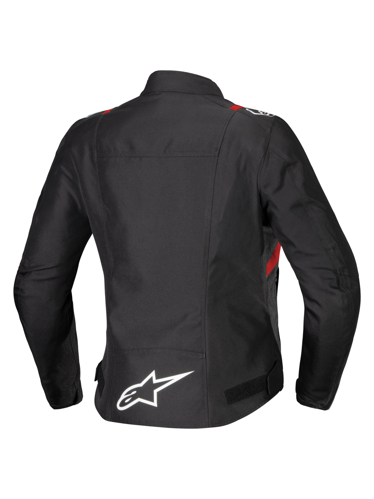 Alpinestars Stella T-SPS V2 vandtæt jakke, set bagfra, sort med røde og hvide detaljer, tekstil motorcykeljakke til damer med et stort hvidt Alpinestars-logo nederst på ryggen og en sporty silhuet