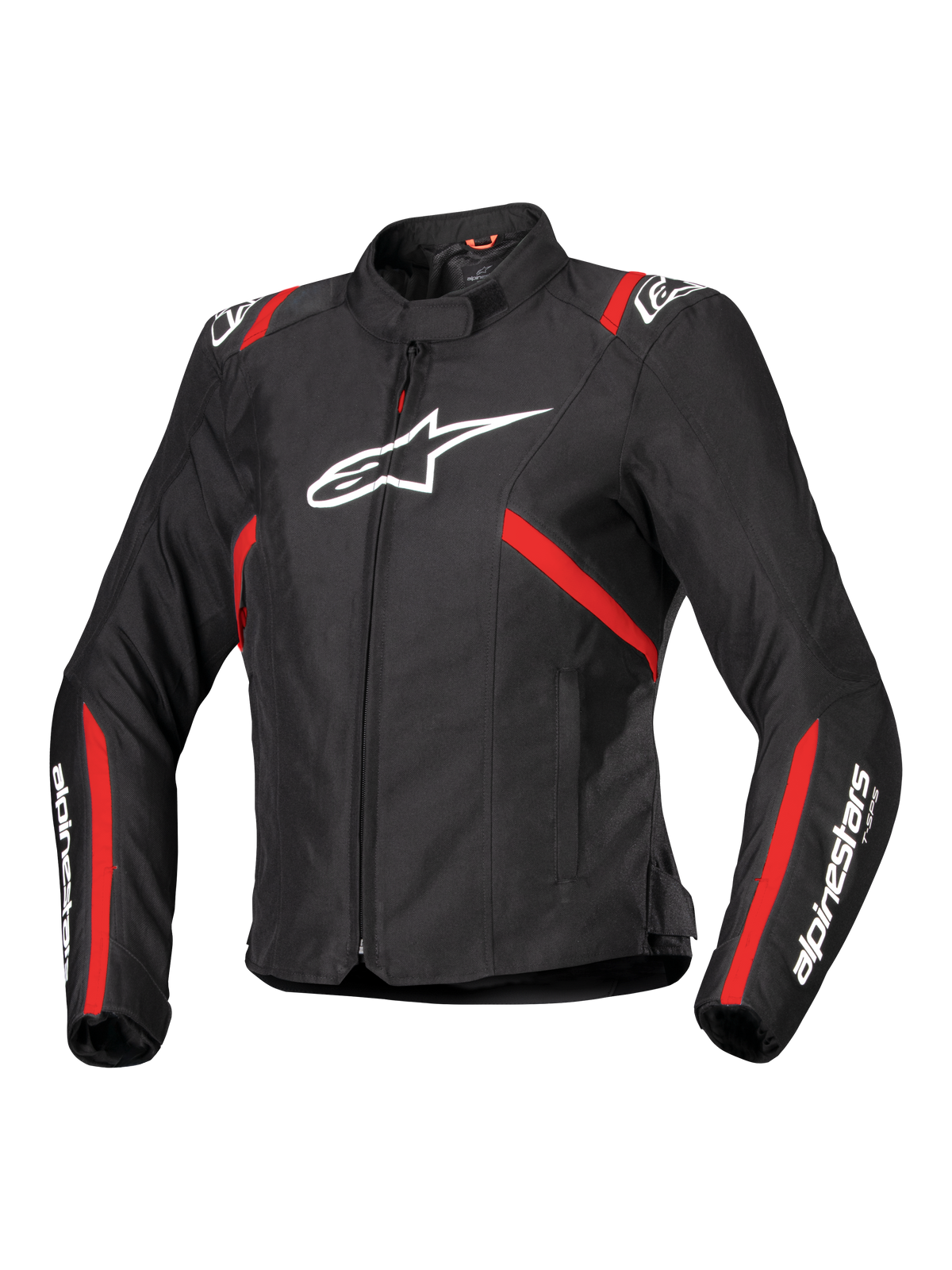 Alpinestars Stella T-SPS V2 vandtæt jakke, sportsmotorcykeljakke til damer, sort med røde striber og hvide logoer, racer-inspireret tætsiddende design, høj krave, lynlås foran
