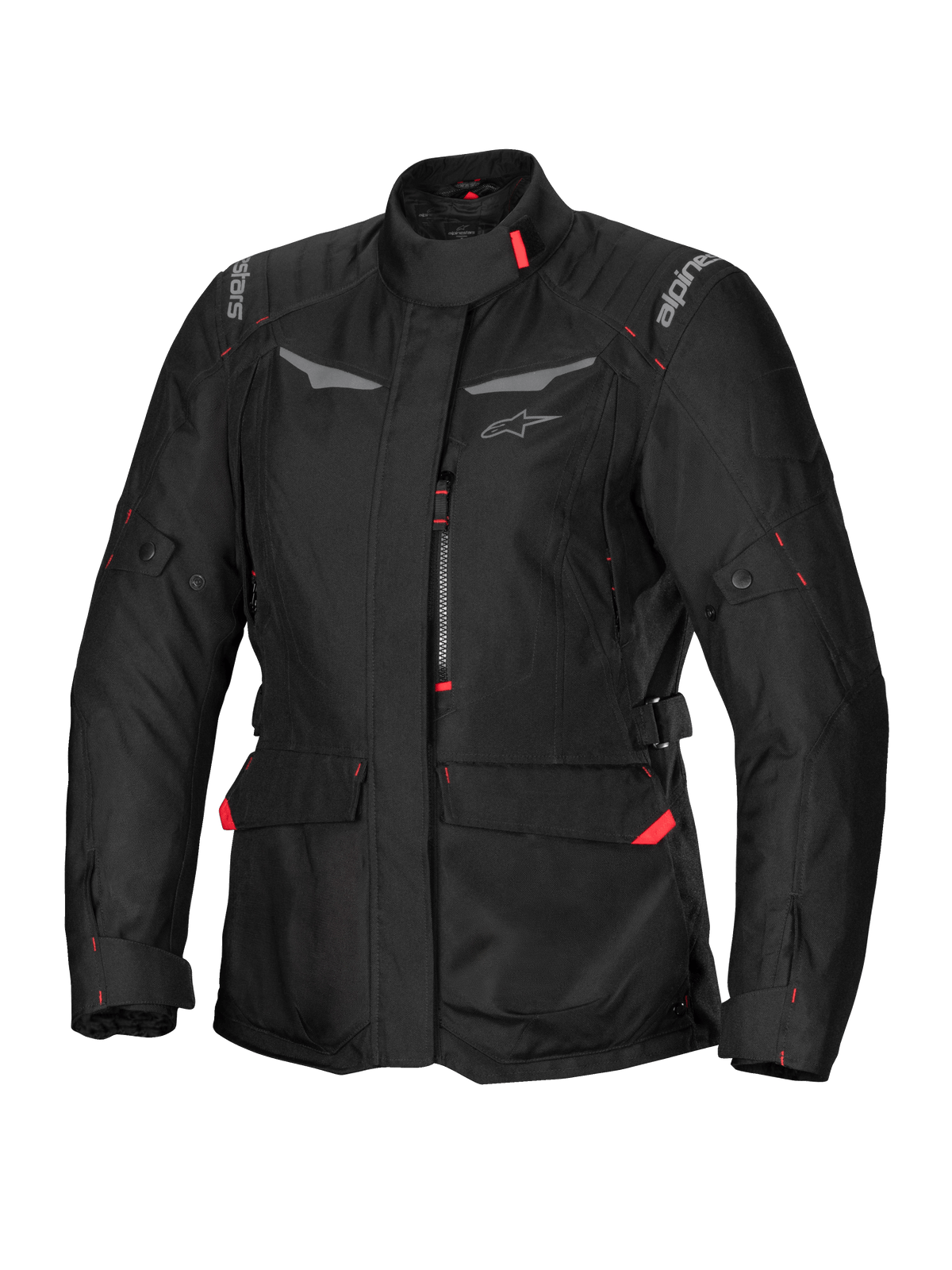 Alpinestars Stella ST-1 Waterproof Jacket, Women's Motorcycle Touring Jacket, Black with Red Accents, High Collar, Front Zipper, Large Waist Cargo Pockets, Adjustable Waist and Cuff Straps, Weather-Resistant Construction