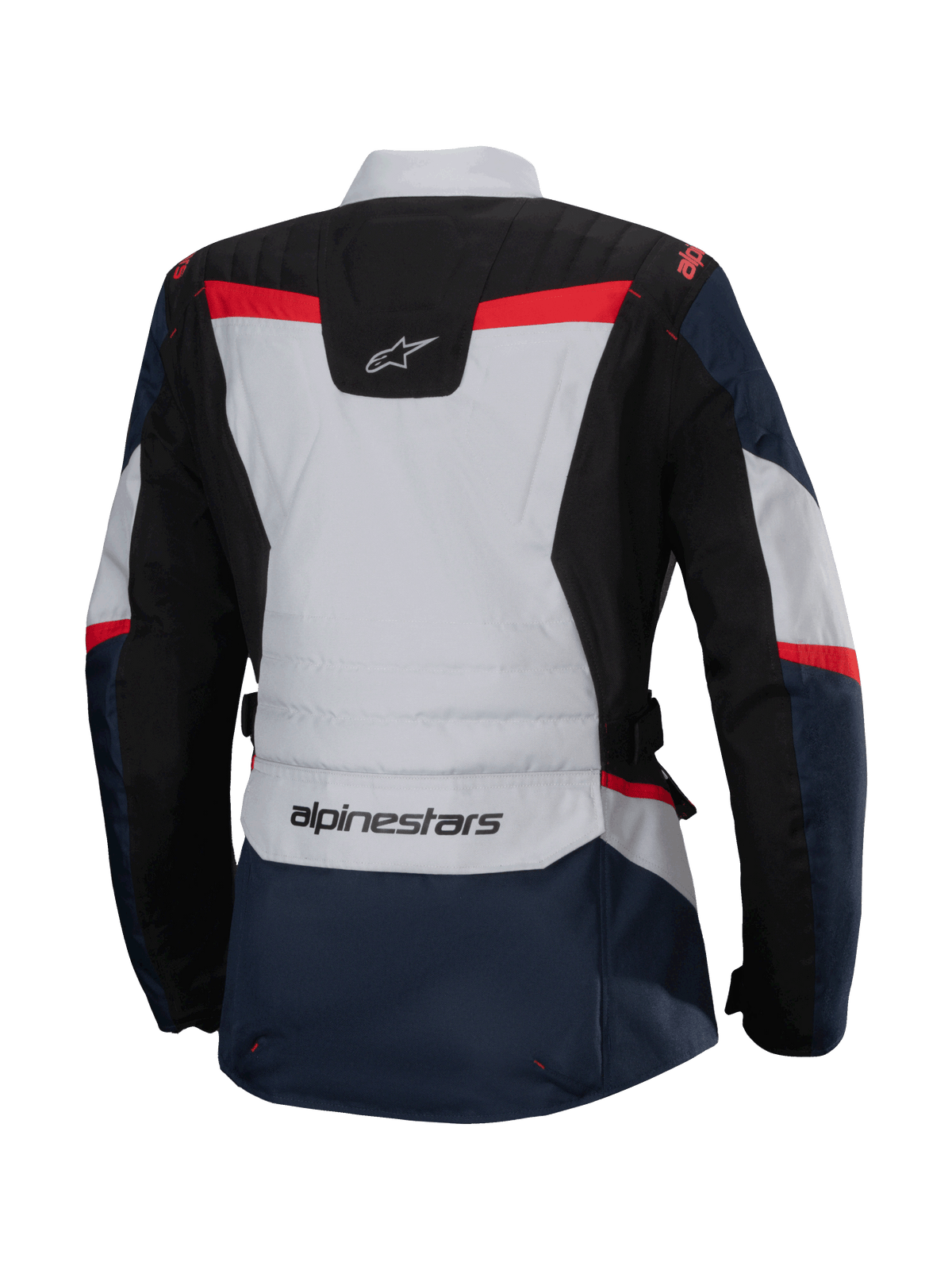 Alpinestars Stella ST-1 vandtæt jakke, set bagfra, mørkeblå og sort med lysegrå og klare røde detaljer, adventure touring-jakke til damer med Alpinestars-branding og ergonomisk konstruktion.