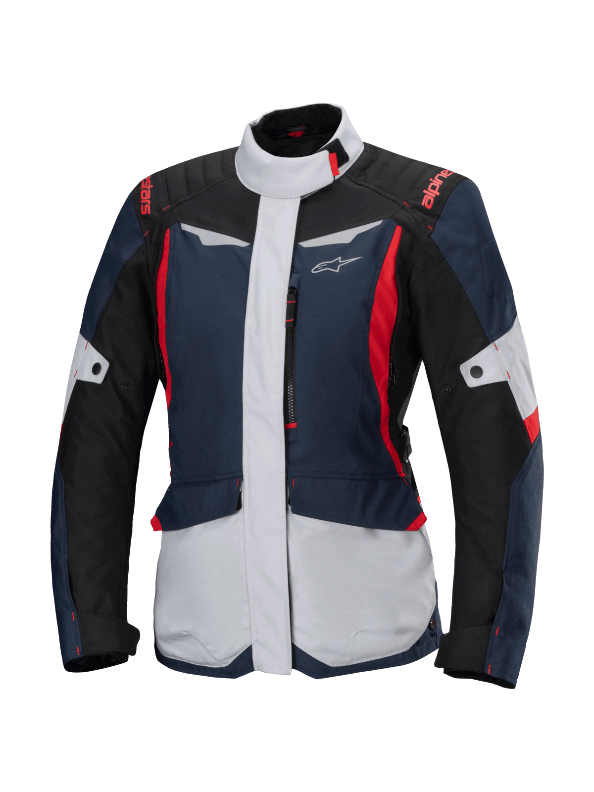 Alpinestars Stella ST-1 vandtæt jakke, motorcykel touringjakke til damer, mørkeblå, sort og klar rød, med lysegrå paneler, høj krave, lynlås foran, adventure-inspireret design med kantede former og cargolommer