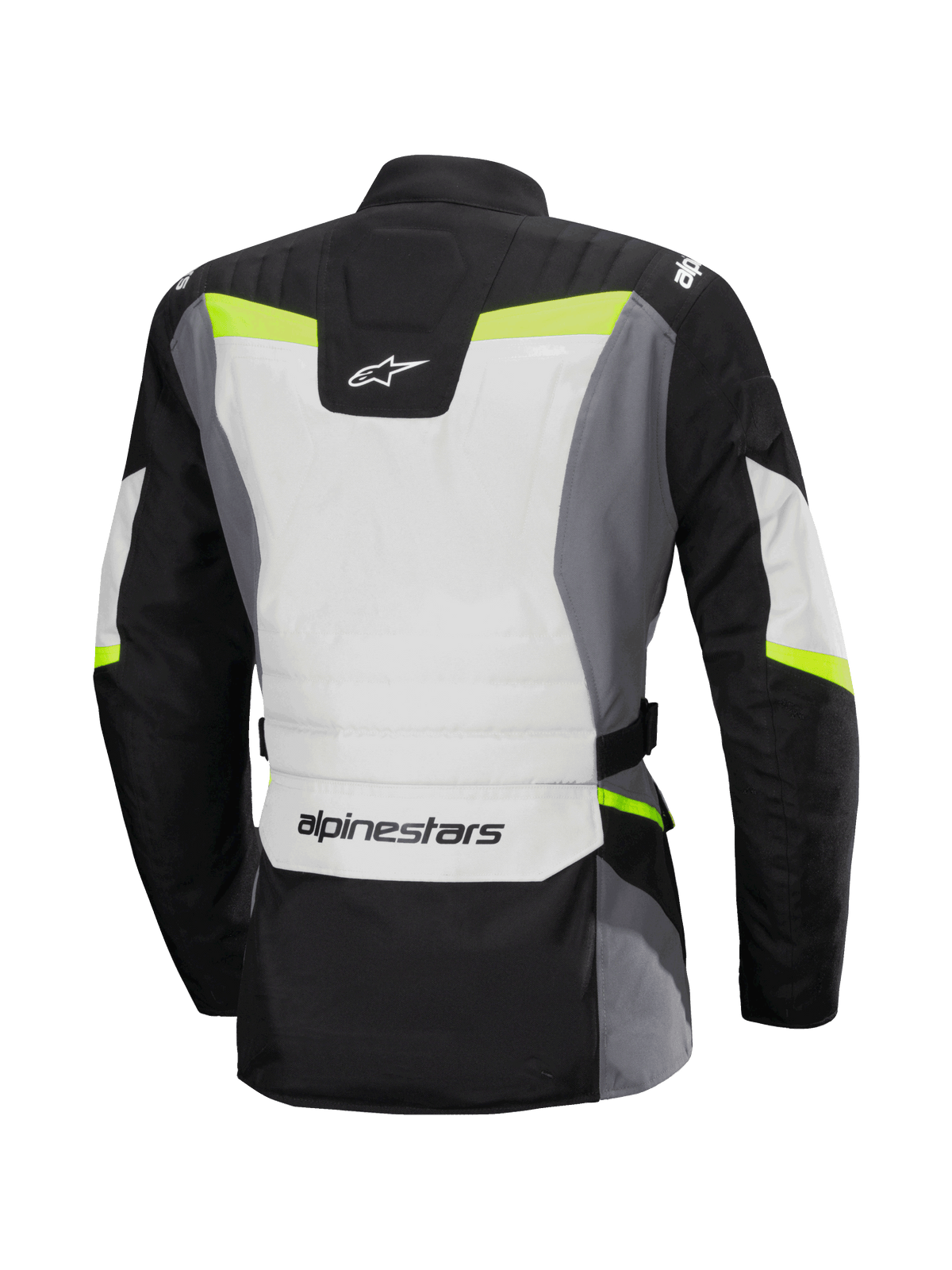 Alpinestars Stella ST-1 vandtæt jakke, set bagfra, motorcykel touring-jakke til kvinder, Ice Gray, sort og gul fluo, har Alpinestars-logo på lænden og nakken, adventure touring-design med beskyttende tekstilkonstruktion og fluorescerende detaljer.