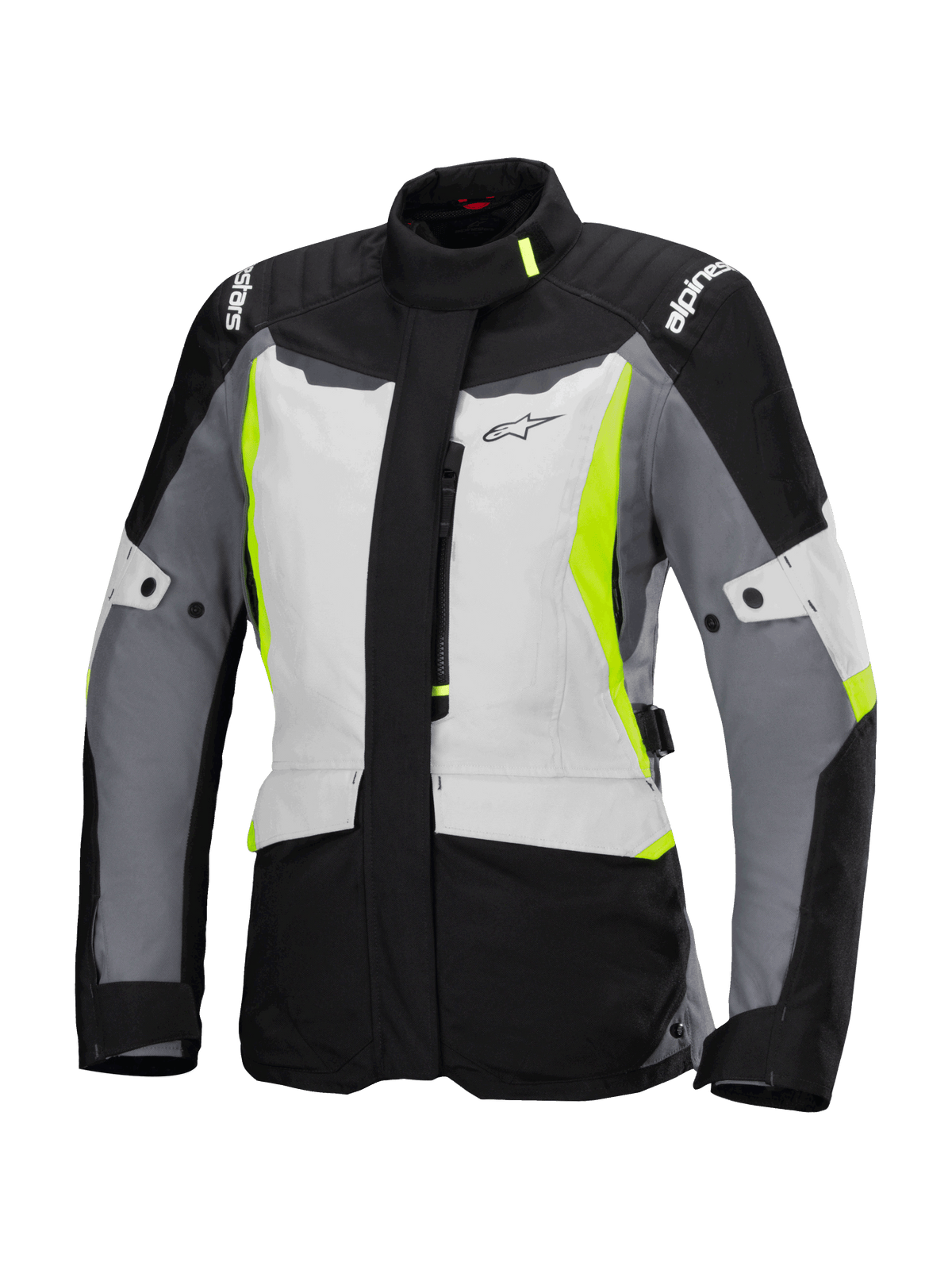 Alpinestars Stella ST-1 Waterproof Jacket, motorcykel touringjakke til damer, isgrå, sort og neongul, med høj krave, lynlås foran, forstærkede skuldre med branding og justerbare taljeremme, adventure touring-inspireret design