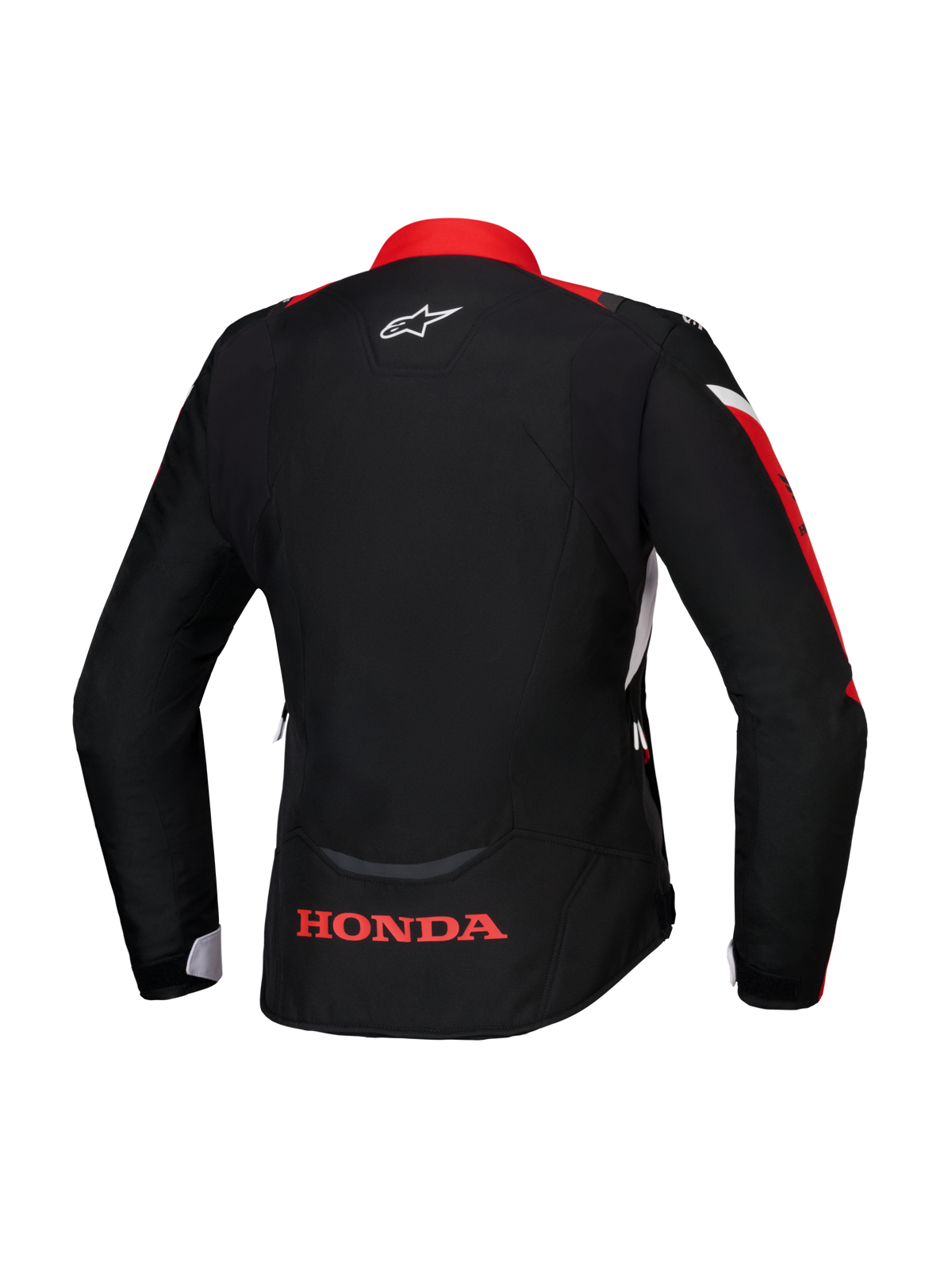 Alpinestars Honda Stella T-Jaws V4 WP-jakke, set bagfra, sort med klare røde og hvide detaljer, rødt Honda-logo på den nederste del af ryggen og hvidt Alpinestars-logo i nakken, vandtæt tekstiljakke til kvinder med sportspasform