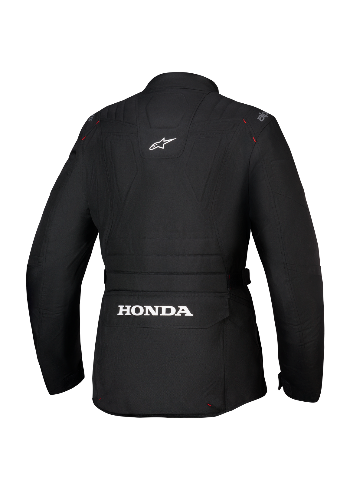 Alpinestars Honda Stella ST-1 WP Jacket, Women's Waterproof Motorcycle Jacket, Black, Rear view showing large white Honda logo on the lower back cargo pocket, Alpinestars logo on upper back, technical textile construction with adventure touring silhouette and red stitching details.