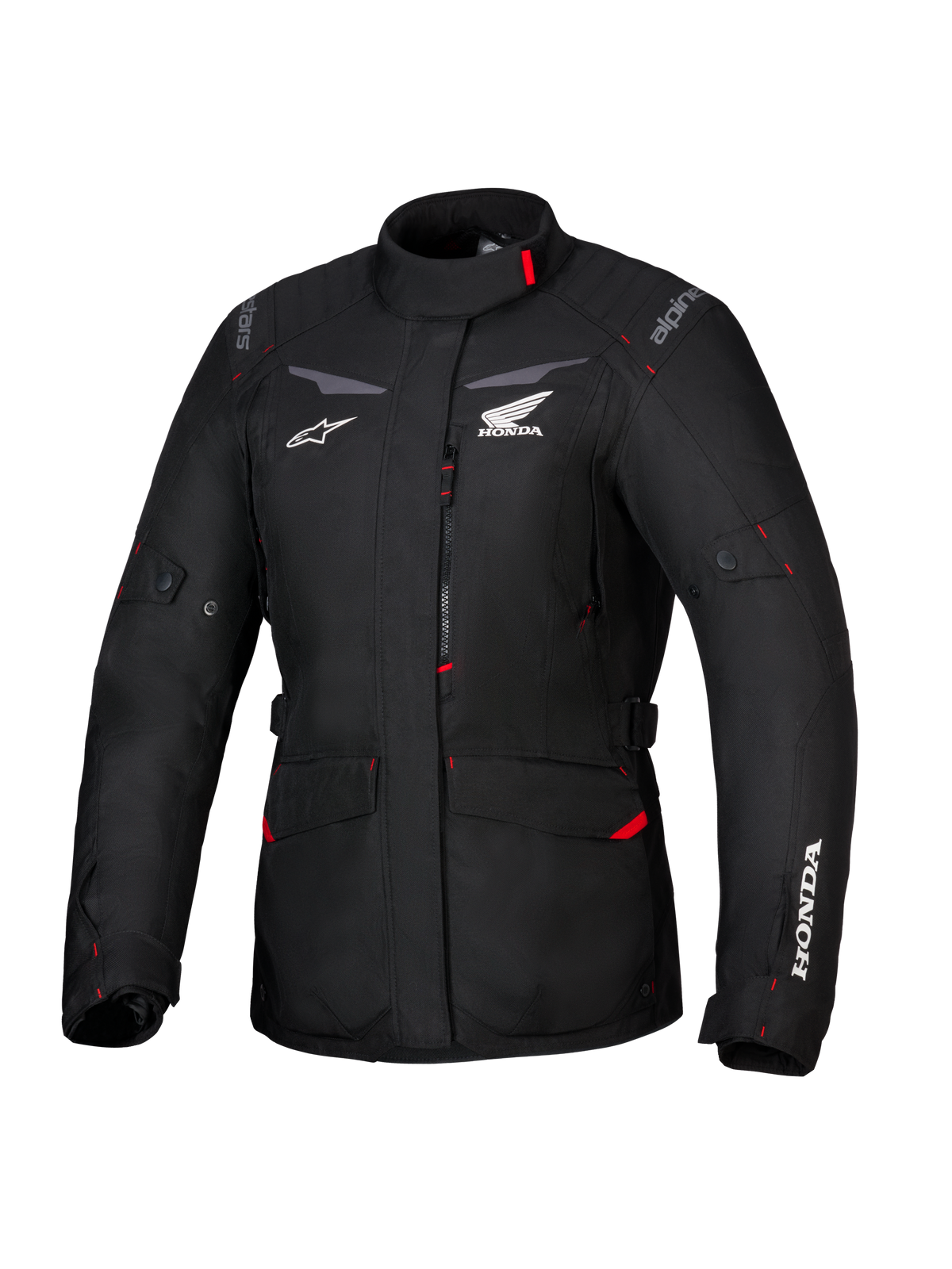 Honda Stella ST-1 WP Jacket, Women's Waterproof Touring Jacket, Black with red accents and white Honda logos, high collar, front zipper, expandable cargo pockets, durable textile adventure gear