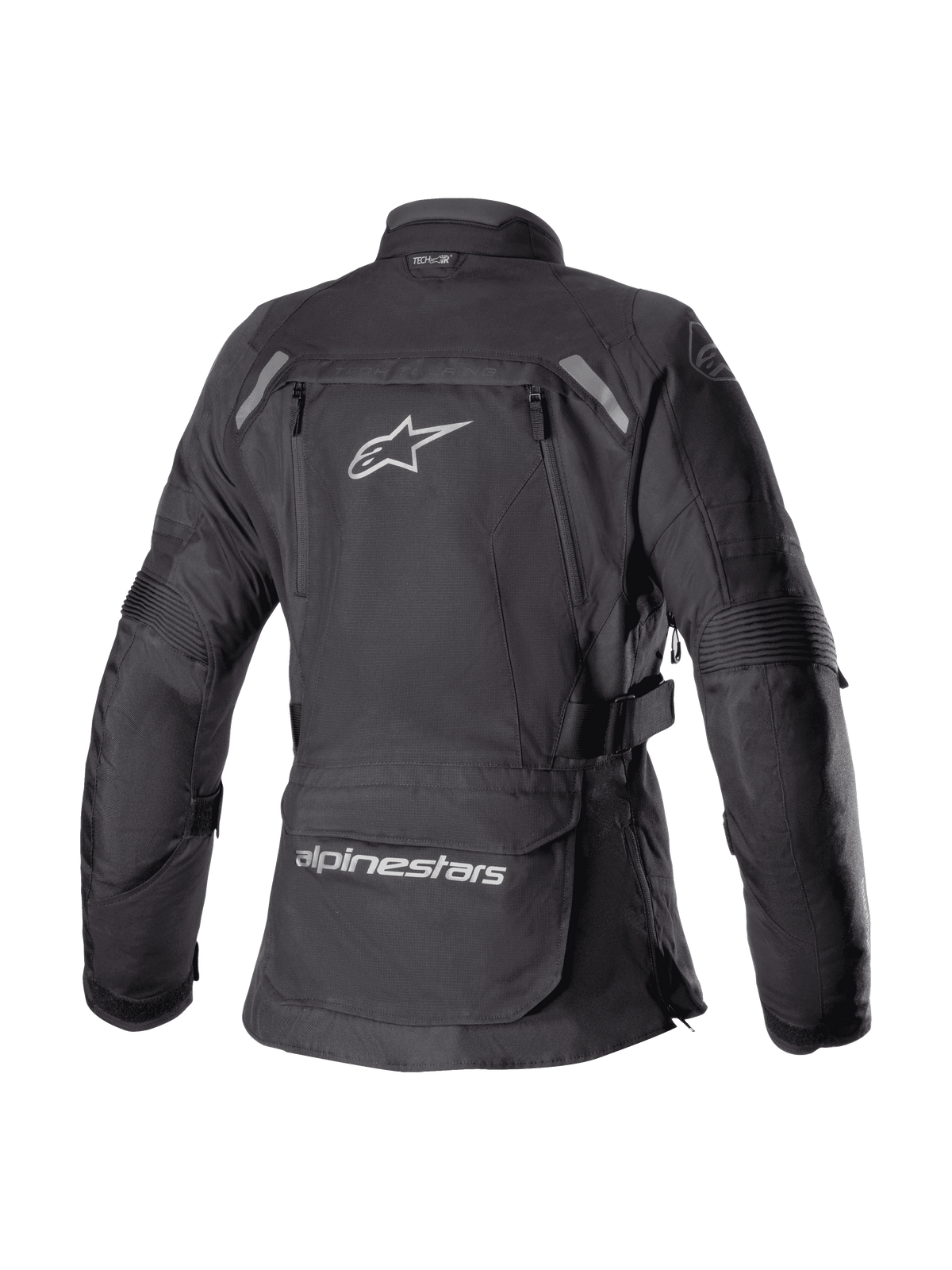 Alpinestars Stella Bogota' Pro Drystar® damejakke, sort, tekstil adventure touring-jakke set bagfra med et stort hvidt Astar-logo, opbevaringslomme på lænden med branding og reflekterende detaljer på skuldrene