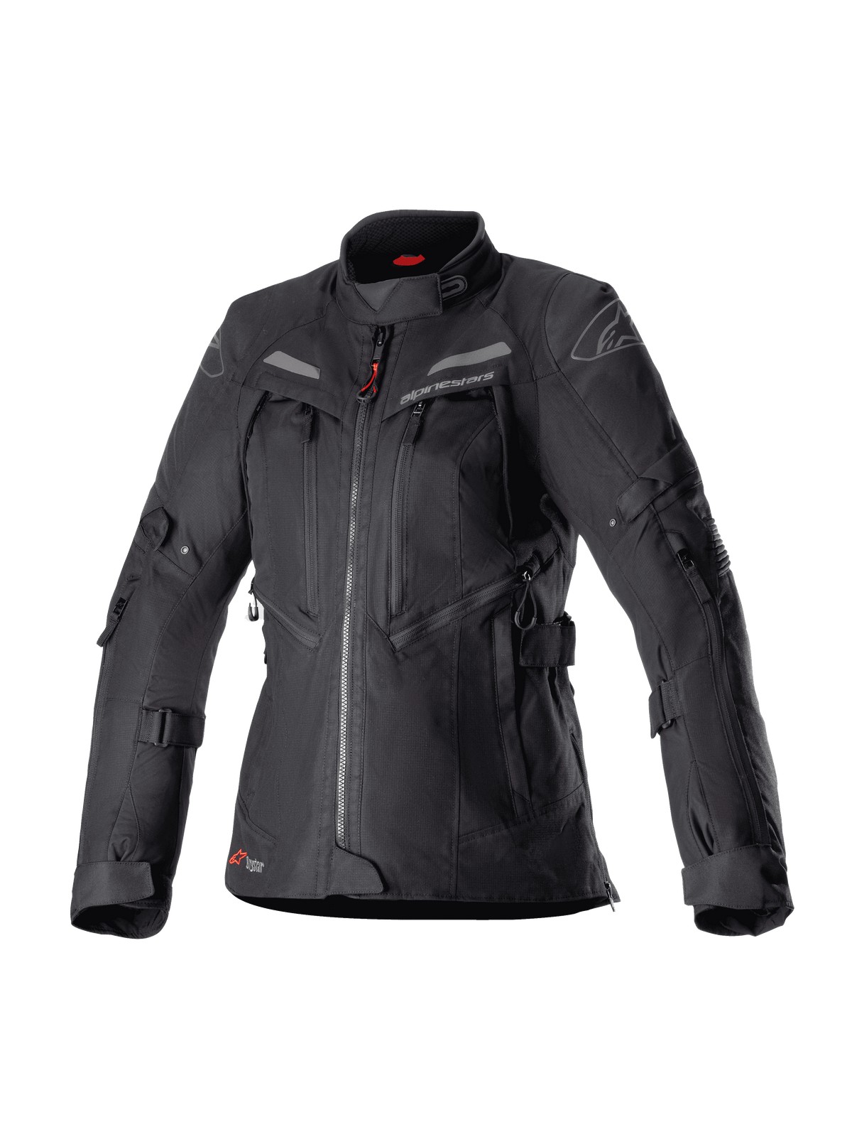 Alpinestars Stella Bogota Pro Drystar motorcykeljakke til kvinder, sort adventure touring-jakke, vandtæt tekstilkonstruktion med flere lynlåse og ventilationspaneler foran, justerbare stropper på ærmer og i taljen, diskrete røde detaljer og Alpinestars-branding.