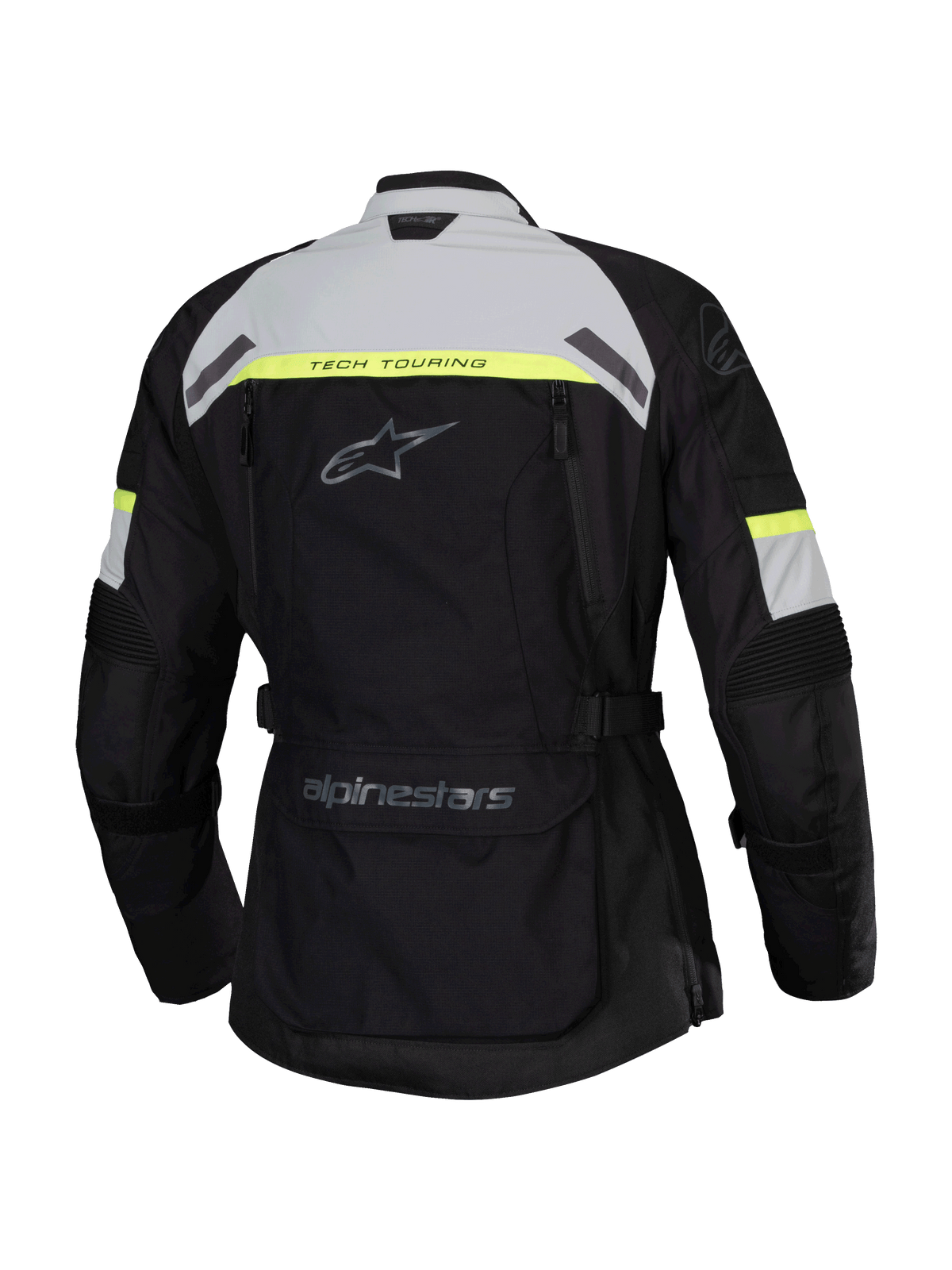 Alpinestars Stella Bogota' Pro Drystar®-jakke, set bagfra, sort med Ice Gray og Yellow Fluo-detaljer, adventure touring-motorcykeljakke til kvinder med Tech Touring-branding og en stor praktisk lomme nederst på ryggen