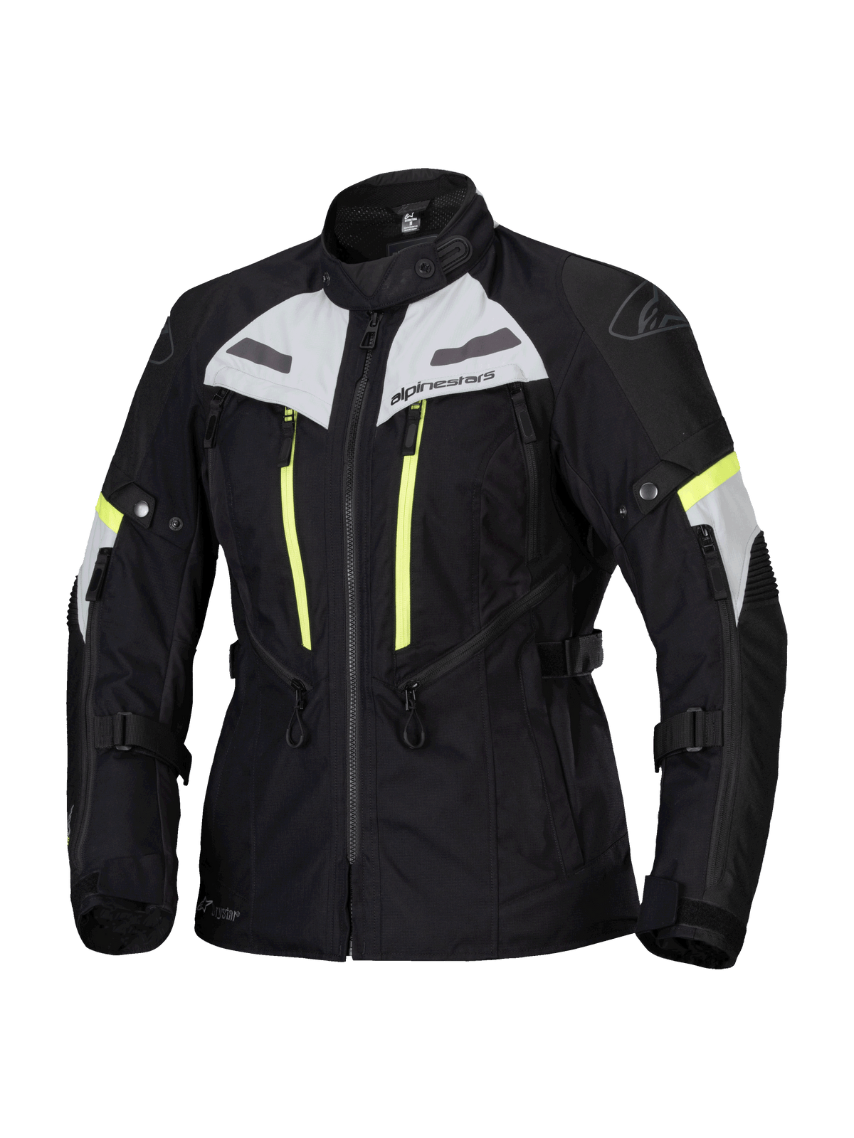 Alpinestars Stella Bogota Pro Drystar jakke, dame motorcykeljakke til touring, sort med Ice Gray og Yellow Fluo detaljer, vandtæt og åndbar tekstilkonstruktion, omfattende ventilationslynlåse og justerbare stropper til adventure-kørsel