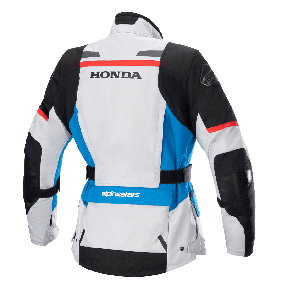 Alpinestars Stella Honda Andes V3 Drystar® damejakke, set bagfra, isgrå med blå og stærkt røde detaljer, markant sort HONDA-branding på ryggen, Alpinestars-logo på skulder og lænd, justerbart taljebælte, adventure touring tekstil motorcykeljakke