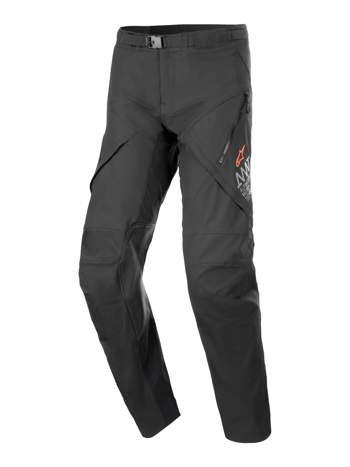 Alpinestars AMT-8 Stretch Drystar XF bukser, sorte motorcykel touringbukser, ventilationsåbninger med lynlås på lårene, orange stjernelogo, justerbart taljespænde, forstærkede knæpaneler, slidstærkt strækbart performance-stof