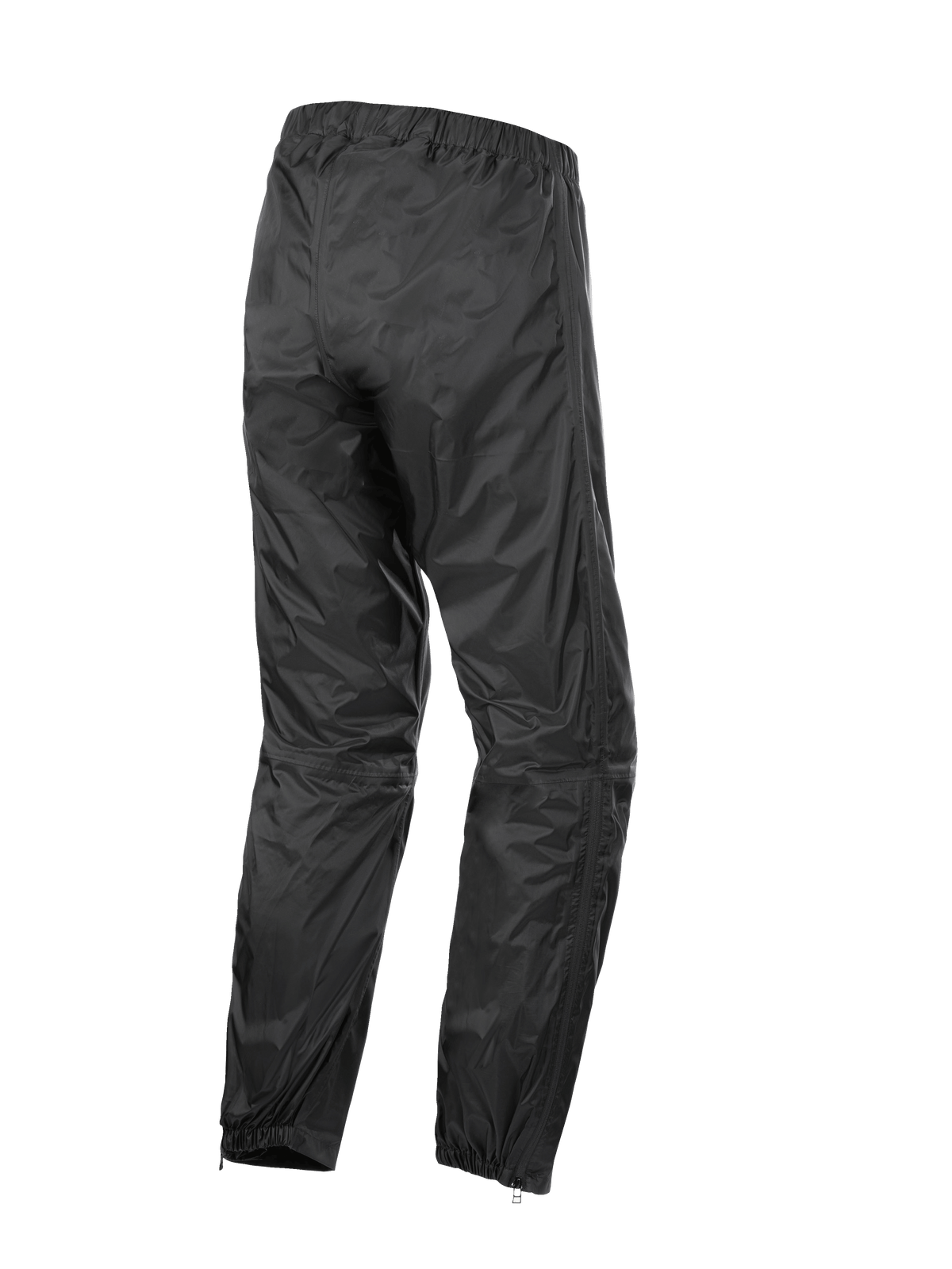 Alpinestars Hurricane Rain V2 bukser, vandtætte motorcykel-overtræksbukser, sort, set bagfra med elastisk taljebånd og manchetter, letvægts vindafvisende lamineret stof med lynlåse på underbenet for nem adgang til støvler, beskyttelsesudstyr til landevejs- og adventure-kørsel