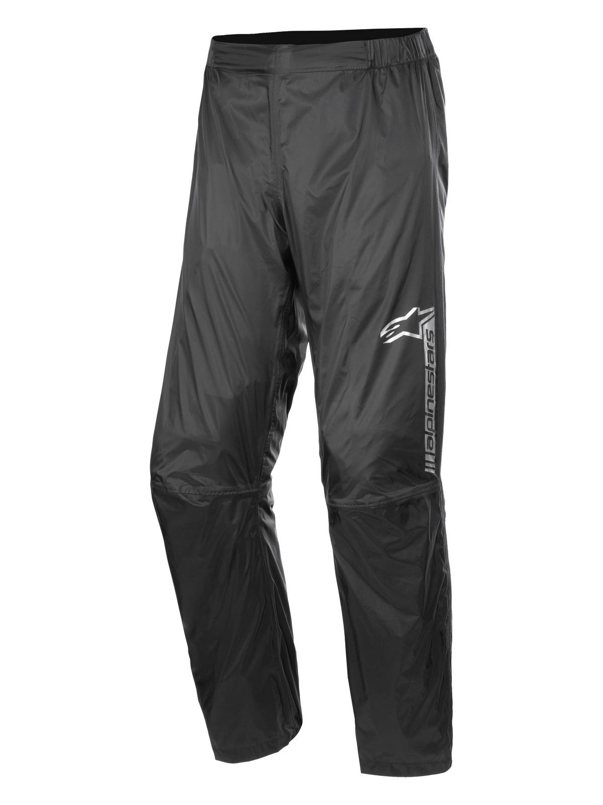 Alpinestars Hurricane Rain V2 bukser, vandtætte motorcykelregnbukser, sort, med reflekterende branding på venstre lår, elastisk linning, ergonomisk knædesign og skinnende vindafvisende lamineret stof til landevejs- og adventure-kørsel