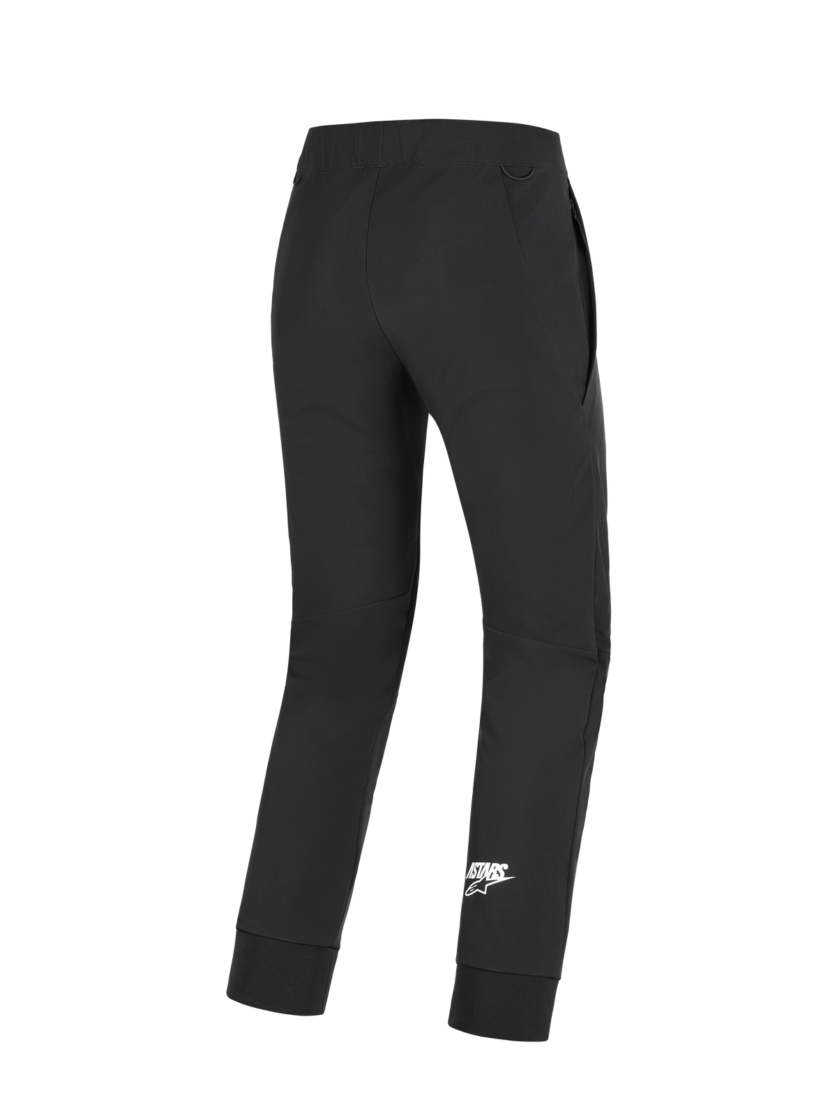 Alpinestars Aeroshell bukser, motorcykelbukser, sort, set bagfra med hvidt Astars-logo på underbenet, med strækbart softshell-stof, forbuede knæ og elastiske manchetter