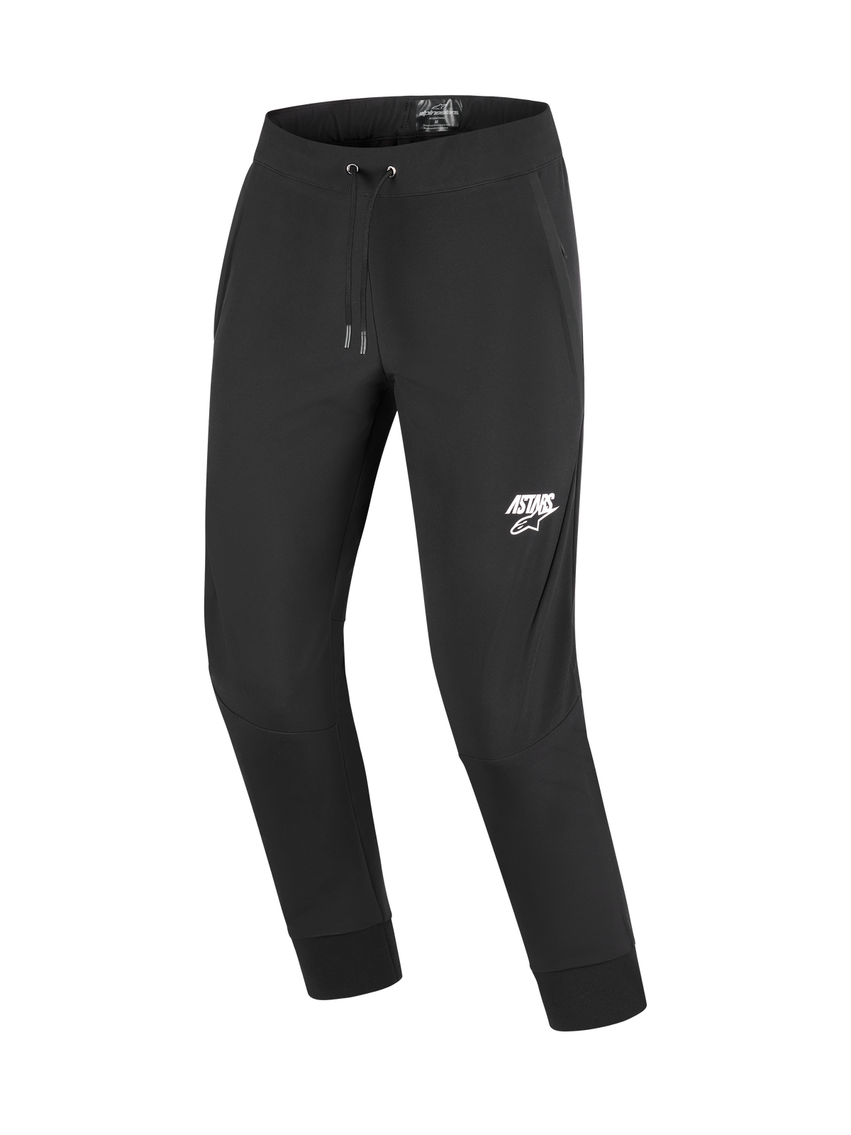 Alpinestars Aeroshell bukser, motorcykel softshell-bukser, sorte med hvidt ASTARS-logo på venstre lår, med elastisk snøre i taljen og ribbede ankemanchetter, designet til urban- og casual touring-kørere
