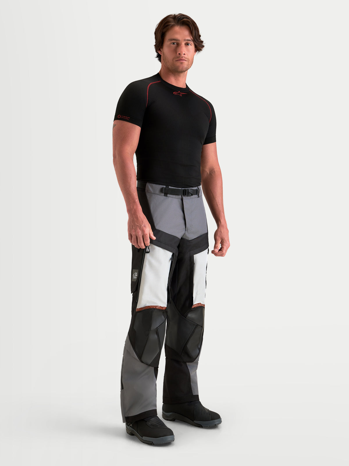 Alpinestars Harok V2 Drystar Pants, men's adventure motorcycle pants in dark gray, ice gray, and black, featuring durable ripstop construction and direct thigh ventilation