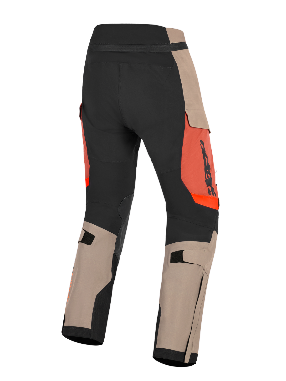 Alpinestars Halo Pro Drystar® XF Laminated Pants, Walnut Rust and Black, rear view of adventure motorcycle pants, featuring walnut tan and black panels with rust orange accents, adjustable calf straps, and durable construction for all-terrain riding.