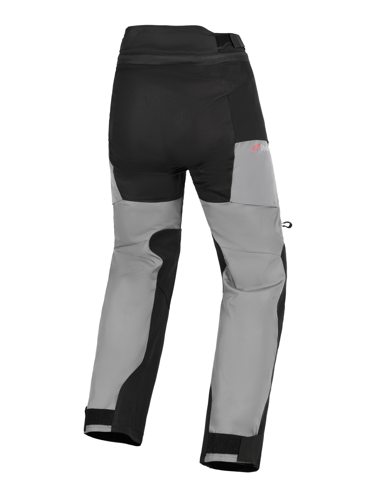 Alpinestars Andes V4 Drystar® bukser, adventure motorcykelbukser, sort og mørkegrå, set bagfra med forstærkede sædepaneler, rød Drystar-branding på hoften og justerbare velcrolukninger ved anklerne.