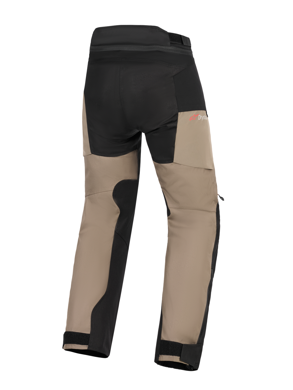 Alpinestars Andes V4 Drystar® bukser, adventure-motorcykelbukser, Walnut og sort, set bagfra med forstærkede paneler på sædet og indersiden af benene, rødt Drystar-logo og justerbare ankelmanchetter.