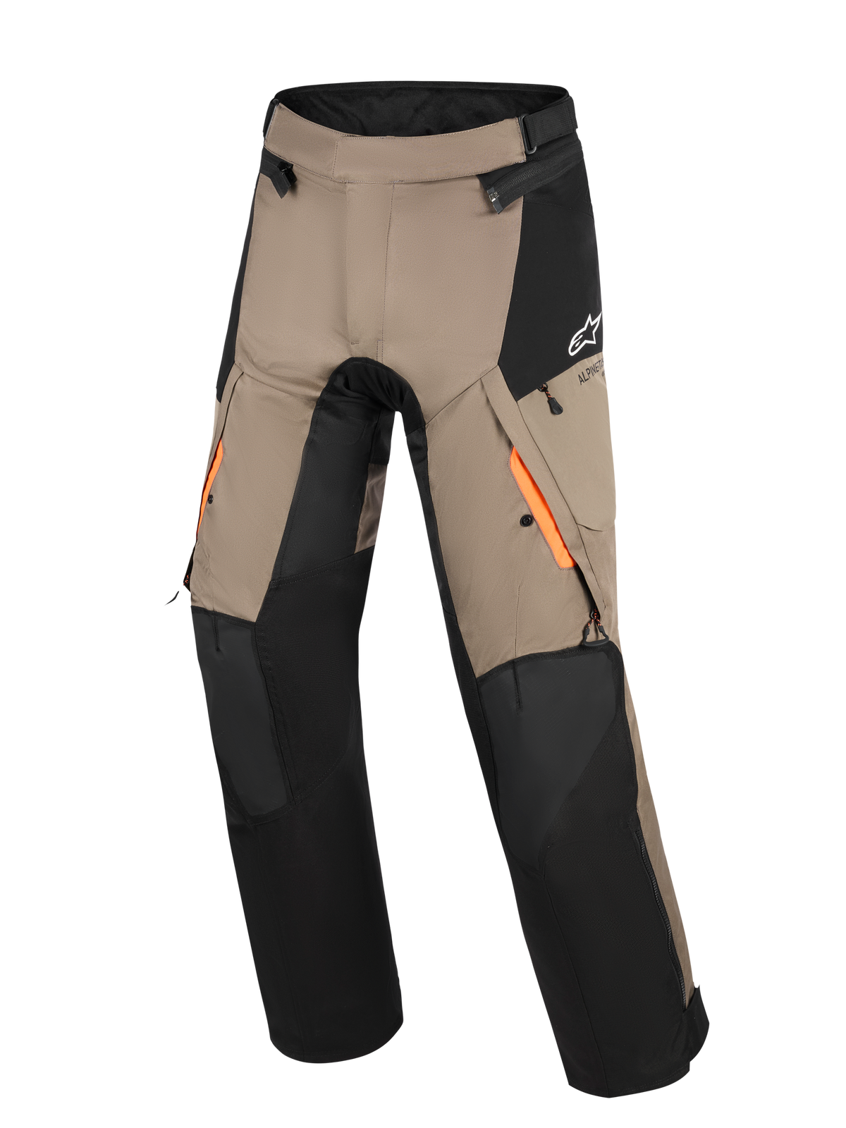 Alpinestars Andes V4 Drystar® bukser, adventure touring-bukser, valnød og sort, med orange detaljer på ventilationsåbningerne på lårene, forstærkede knæpaneler og vandafvisende cargolommer.