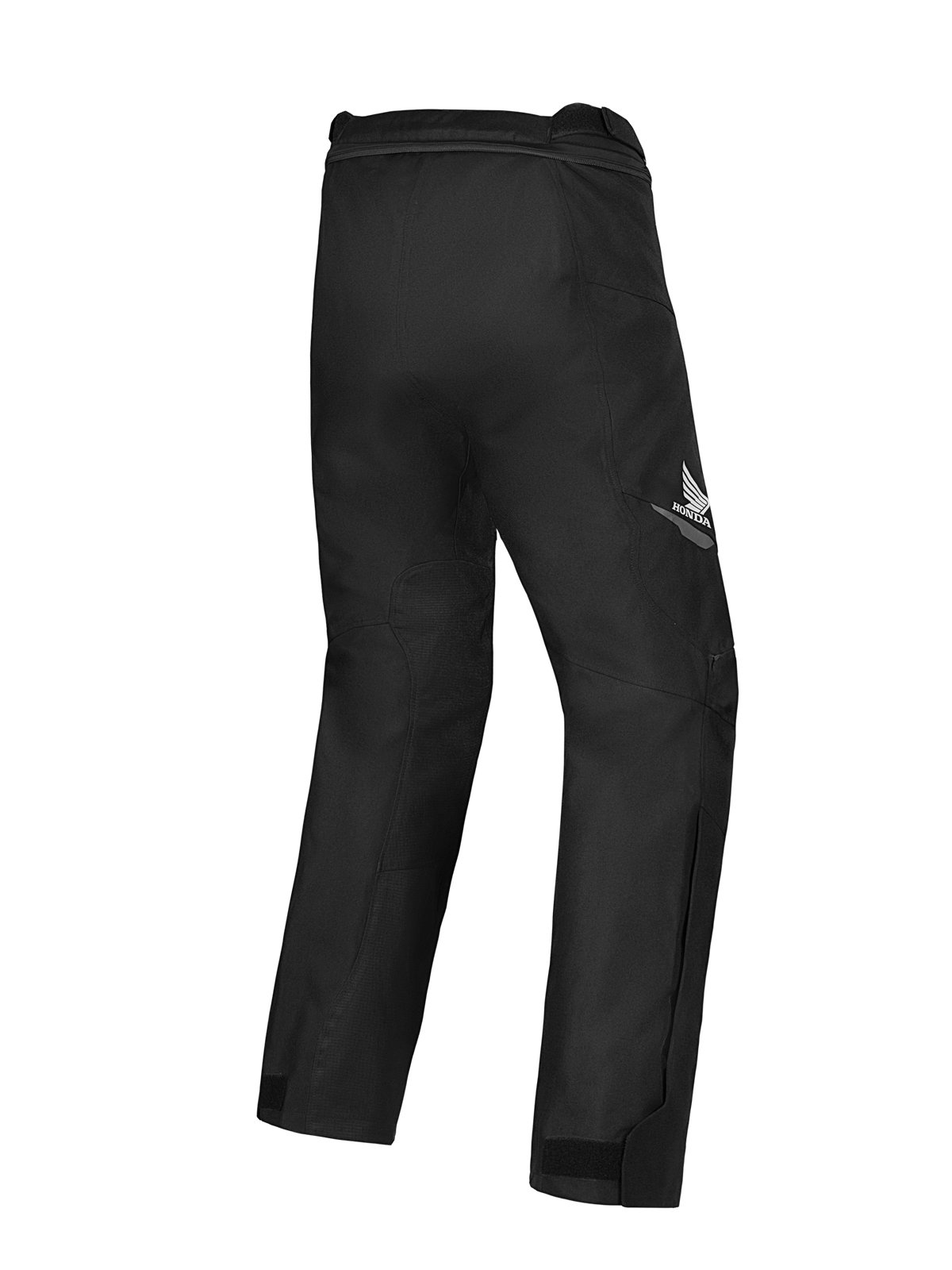 Alpinestars Honda ST-1 vandtætte bukser, motorcykel-touringbukser, sort, set bagfra med Honda-vingelogo på låret, strømlinet tekstildesign med ergonomisk mobilitet og lynlås til sammenkobling i taljen.