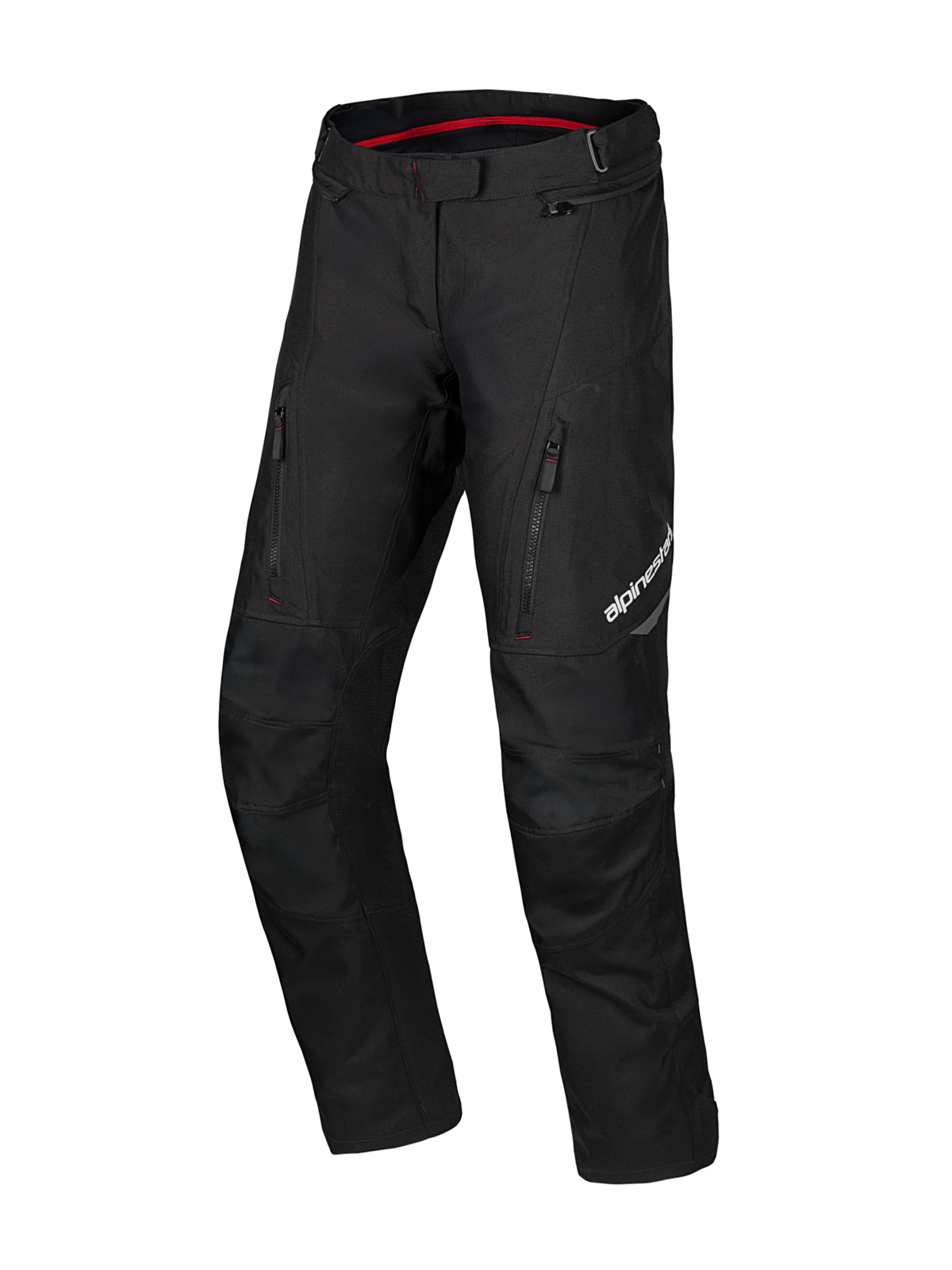 Alpinestars Honda ST-1 vandtætte bukser, motorcykel touring-bukser, sort med røde indvendige detaljer, cargo-lynlåslommer på lårene, ergonomiske forbuede ben med forstærkede knæ, vandtæt adventure-tekstiludstyr