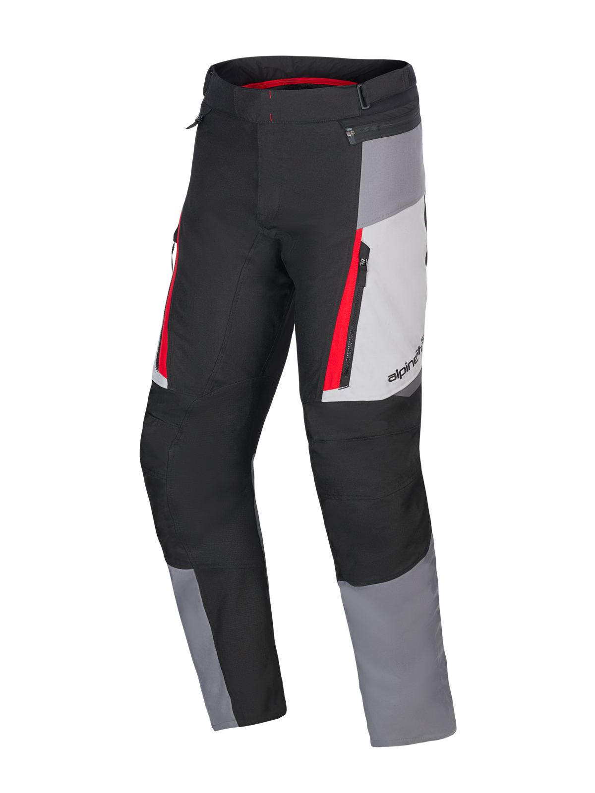 Alpinestars Honda ST-1 vandtætte bukser, motorcykeltouringbukser, isgrå, mørkegrå og sort med røde detaljer, teknisk tekstilkonstruktion med vandtæt foring, cargo-lommer med lynlås og ergonomiske forbuede ben