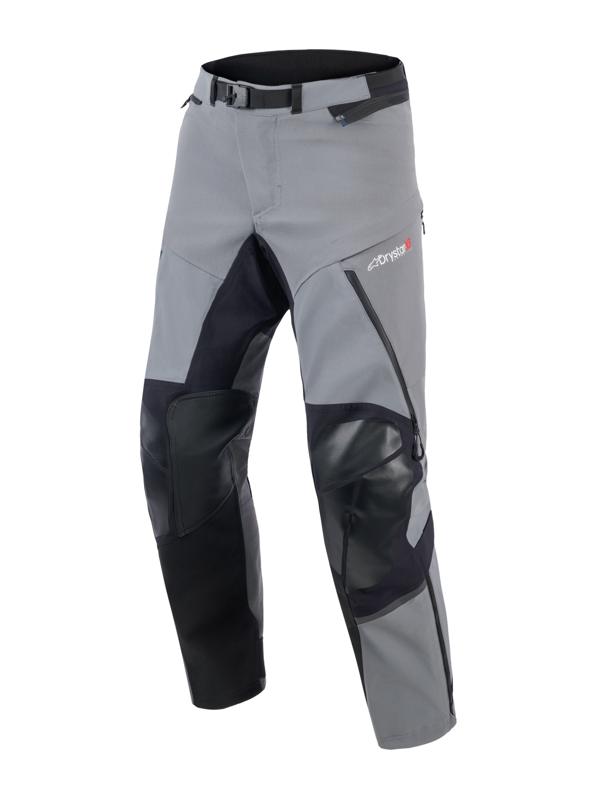 Alpinestars Andes Pro Drystar® XF bukser, adventure touring motorcykelbukser, mørkegrå og sort, med forstærkede sorte knæ- og inderbenpaneler, magnetisk taljespænde og Drystar XF-logo på låret, teknisk tekstildesign til ekstremt vejr