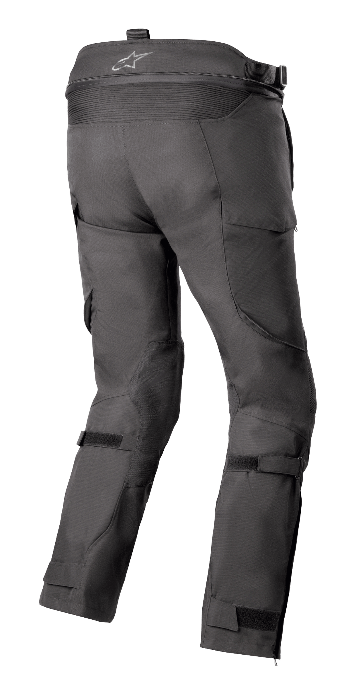 Alpinestars Bogota' Pro Drystar® 4 Seasons bukser, sort, adventure touring motorcykelbukser set bagfra, der viser logo på linningen, harmonika-strækpaneler og justerbare benremme
