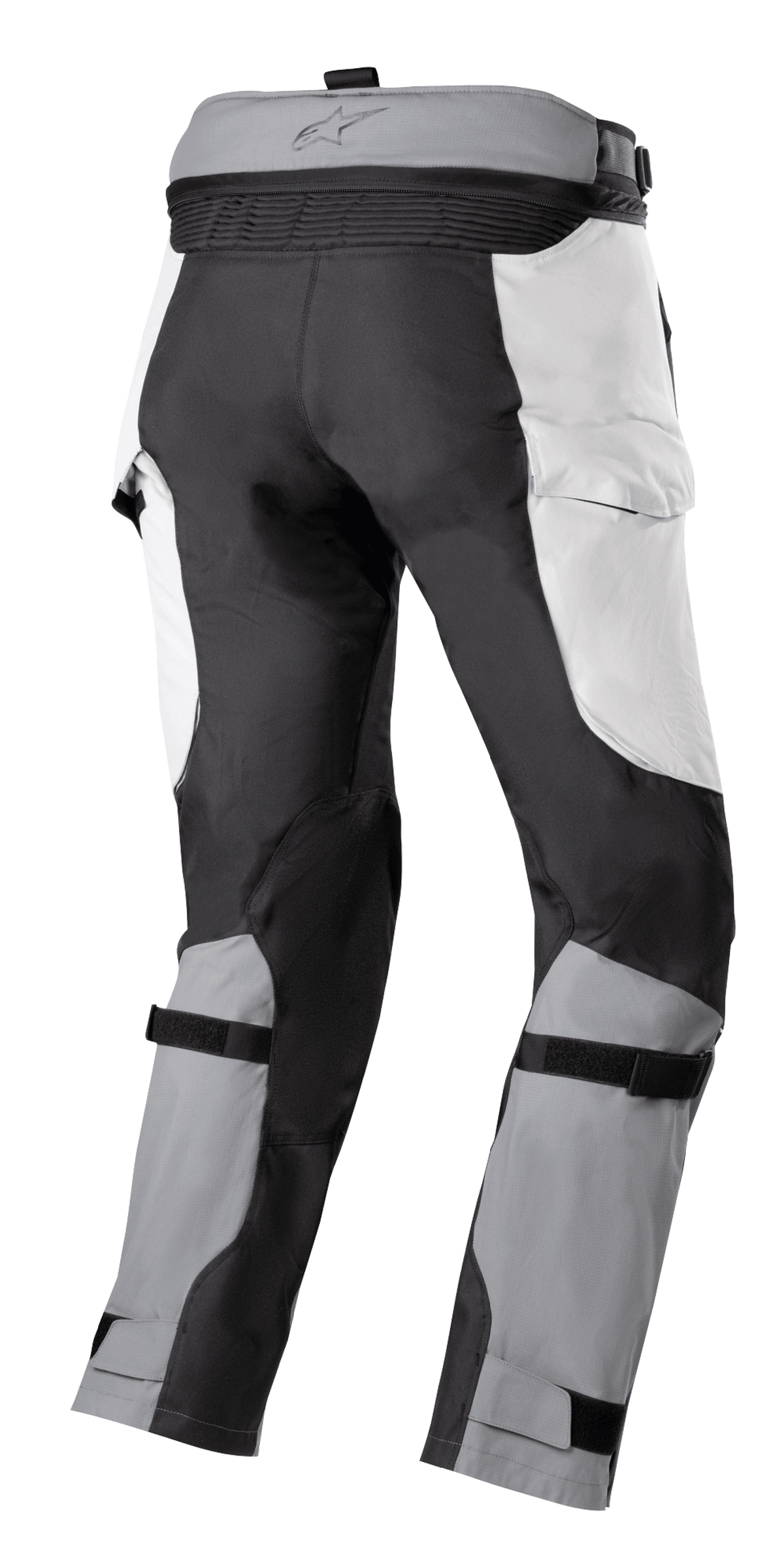Alpinestars Bogota' Pro Drystar® 4 Seasons bukser, adventure-touringbukser, isgrå og mørkegrå, set bagfra med lynlås til sammenkobling i taljen, paneler i cargo-stil og justerbare lægremme for en sikker pasform