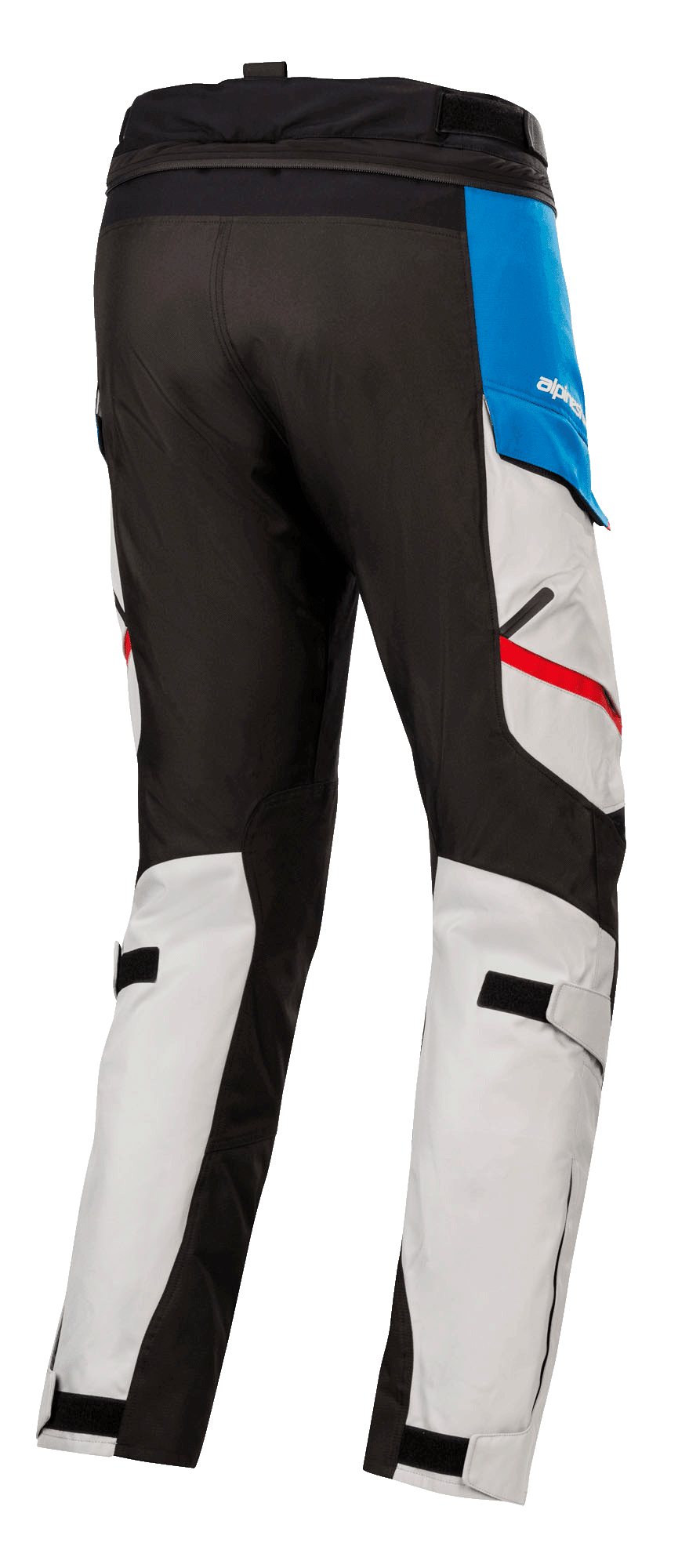 Alpinestars Honda Andes V3 Drystar® bukser, tekstil motorcykelbukser, Ice Gray med blå og klare røde detaljer, set bagfra med sorte forstærkede paneler, justerbare lægstropper og lynlås til sammenkobling i taljen.