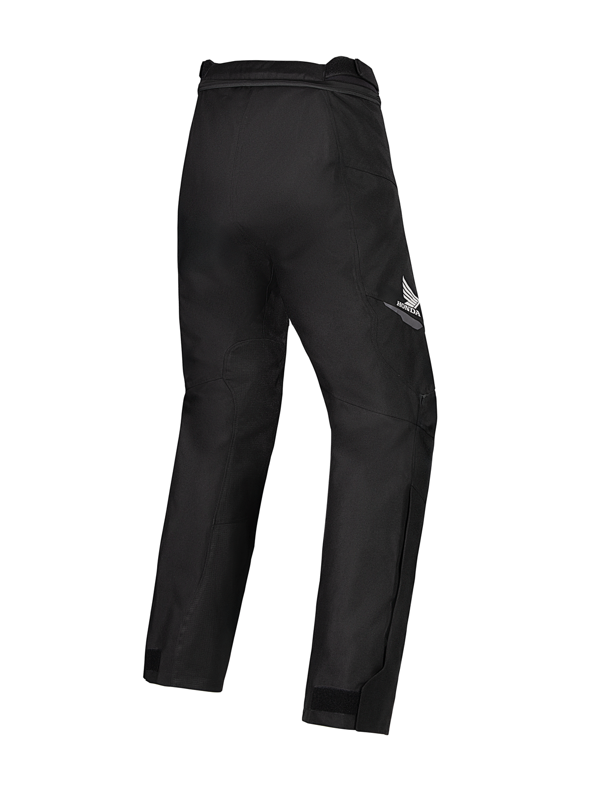 Alpinestars Honda Stella St-1 WP-bukser til kvinder, sorte motorcykelbukser, trekvart visning bagfra med det hvide Honda-vingelogo på højre lår, slidstærk tekstilkonstruktion med artikulerede knæ og ankeljusteringer, designet til touring og adventure-kørsel