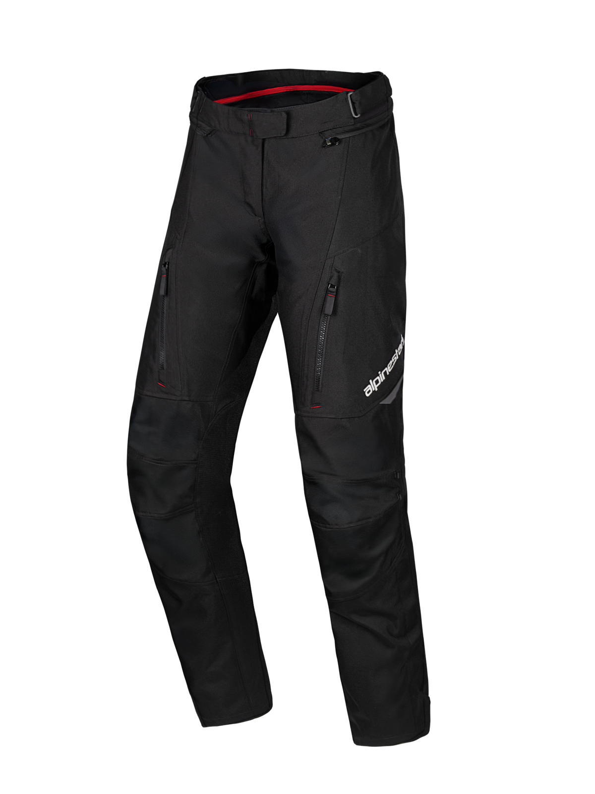 Alpinestars Honda Stella ST-1 vandtætte bukser, sorte motorcykel touring-bukser til damer, rødt indvendigt for i taljen, to lodrette lynlåslommer på lårene, Alpinestars-logo på benet, slidstærkt tekstil adventure-udstyr
