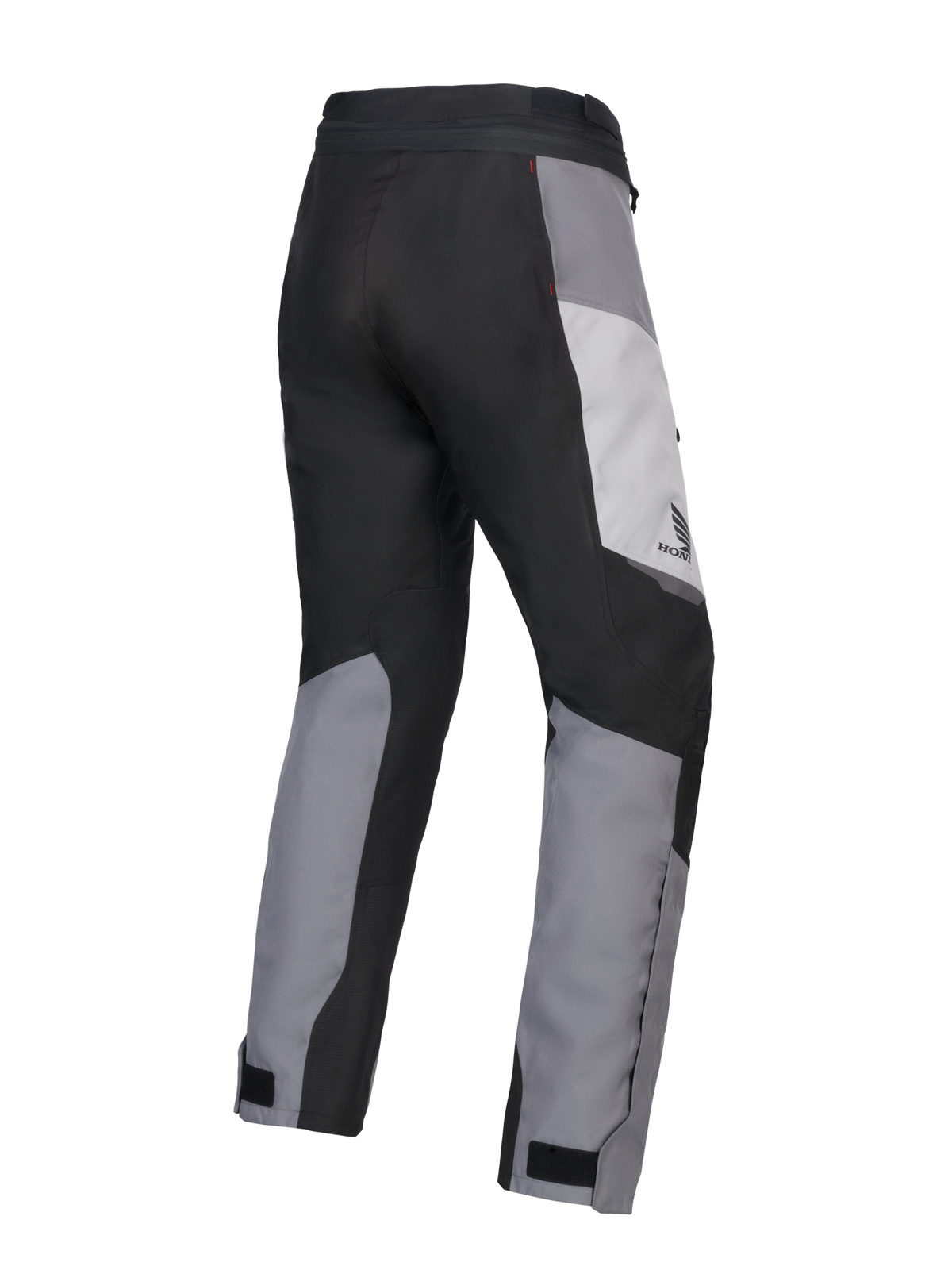 Alpinestars 2025 Honda Stella ST-1 WP bukser til damer, vandtætte motorcykel touringbukser, Ice Gray, Dark Gray og sort, set bagfra i trekvart profil, viser slidstærk tekstilkonstruktion, grå og sorte farveopdelte paneler, Honda-branding på hoften og justerbare ankellukninger.