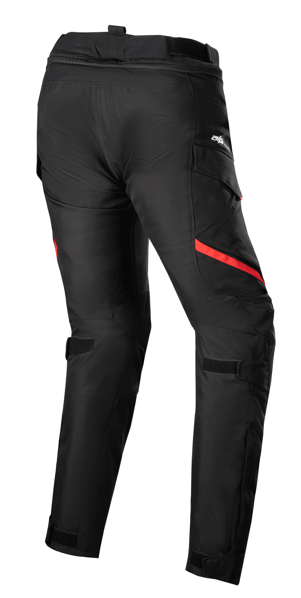 Alpinestars Stella Honda Andes V3 Drystar® bukser til damer, motorcykel touring-bukser, sort og klar rød, set bagfra med cargo-lommer, justerbare stropper ved talje og knæ, slidstærk tekstilkonstruktion til kørsel i al slags vejr