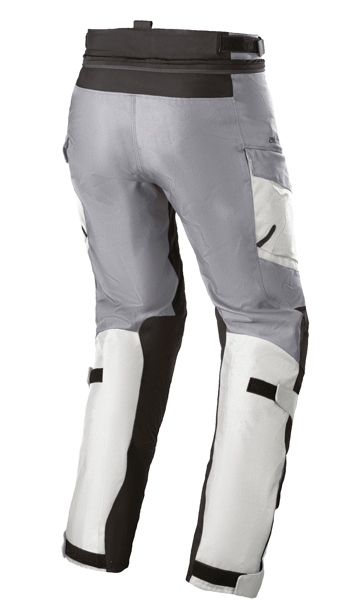 Alpinestars Stella Andes V3 Drystar® bukser til kvinder, motorcykel touring-bukser, Ice Gray og Dark Gray, set skråt bagfra, viser justerbare talje- og læggestropper, cargo-lommer og forstærkede paneler.