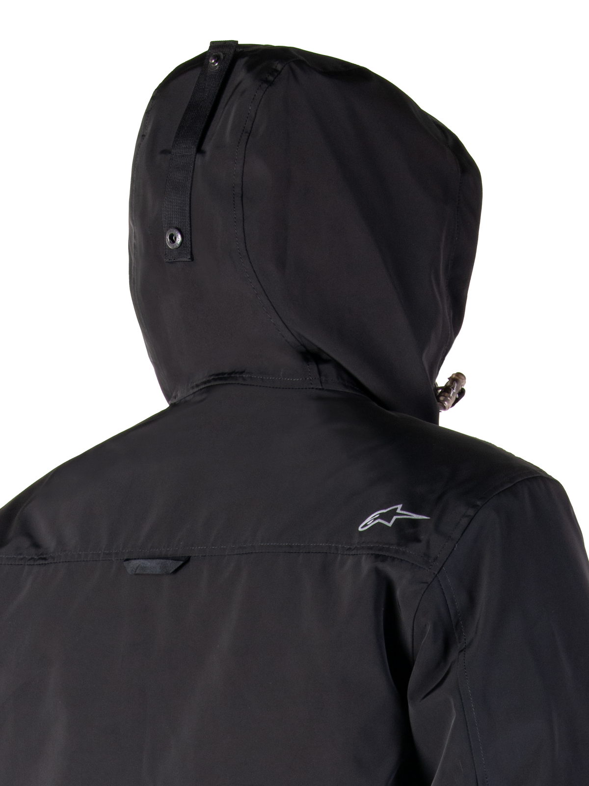 Alpinestars Mootant Vandtæt Parka, sort motorcykeljakke, modulært 4-sæsons design med aftagelig hætte, vandtæt lamineret konstruktion, urban contemporary stil
