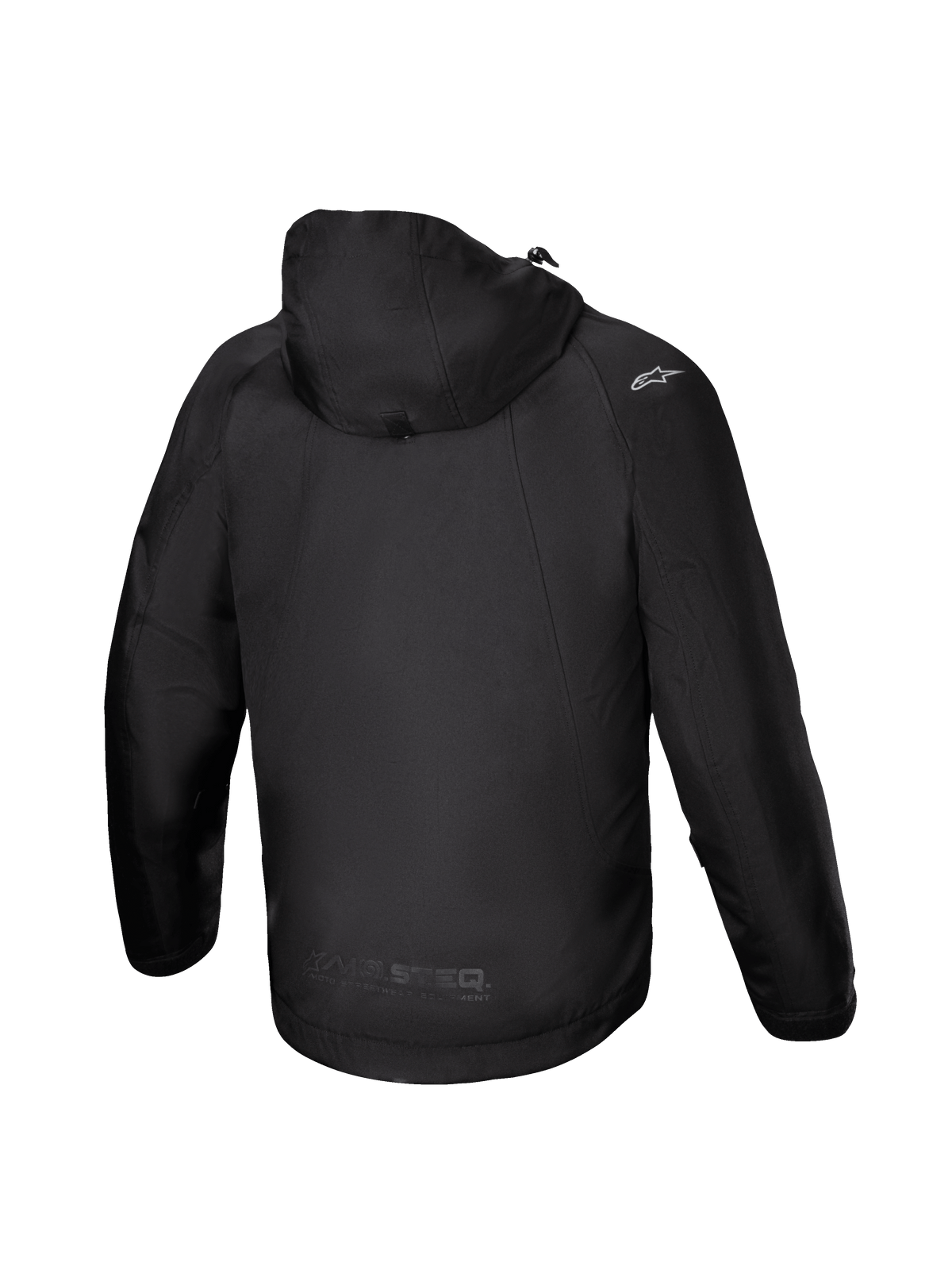 Alpinestars Morush vandtæt parka, sort herre-motorcykeljakke i tekstil set bagfra med stormsikker hætte og raglanærmer.