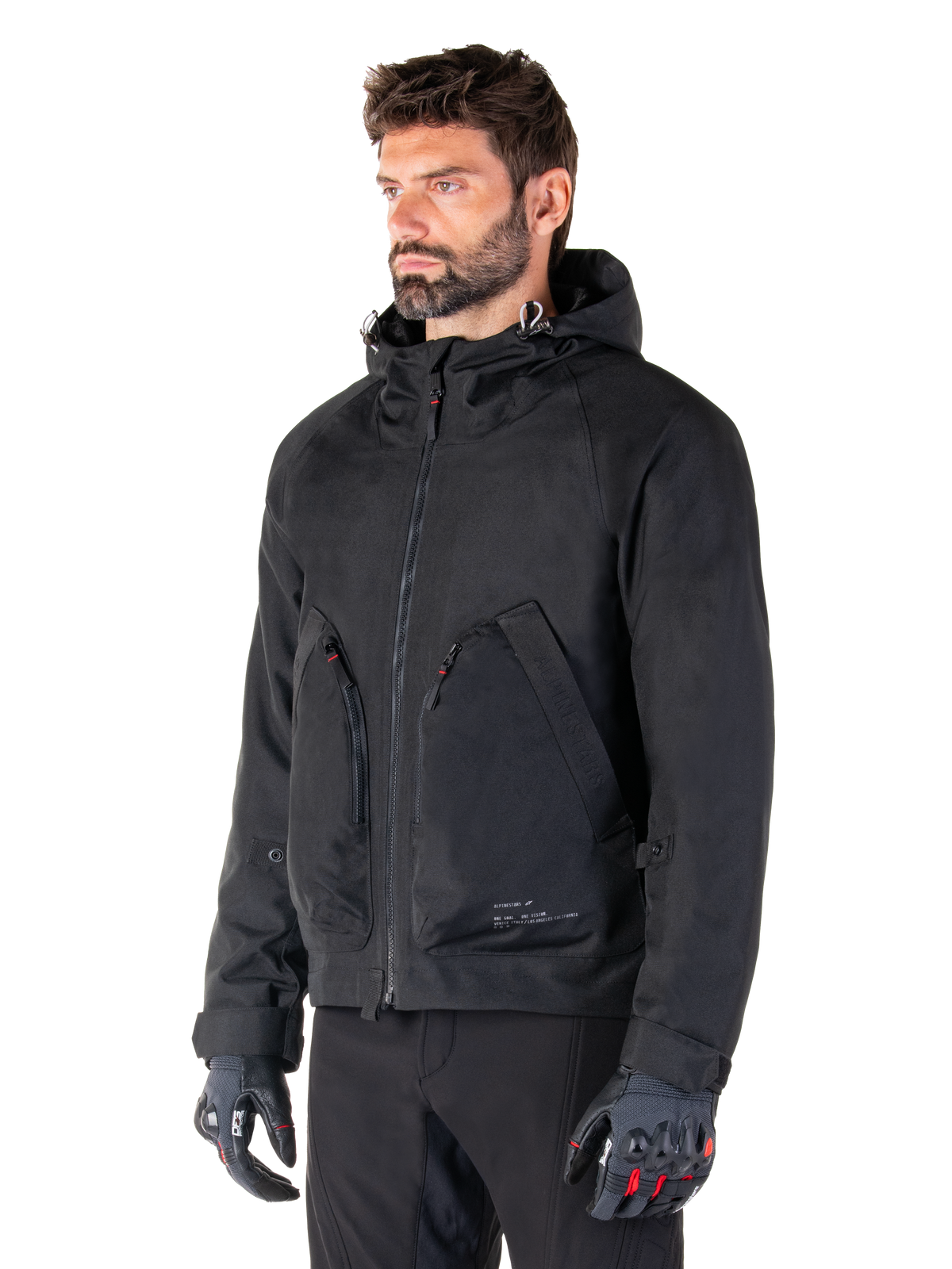 Alpinestars Morush Vandtæt Parka, urban motorcykeljakke til mænd, sort, vandtæt tekstil, CE-certificeret og Tech-Air Ready, moderne design med hætte og store frontlommer.
