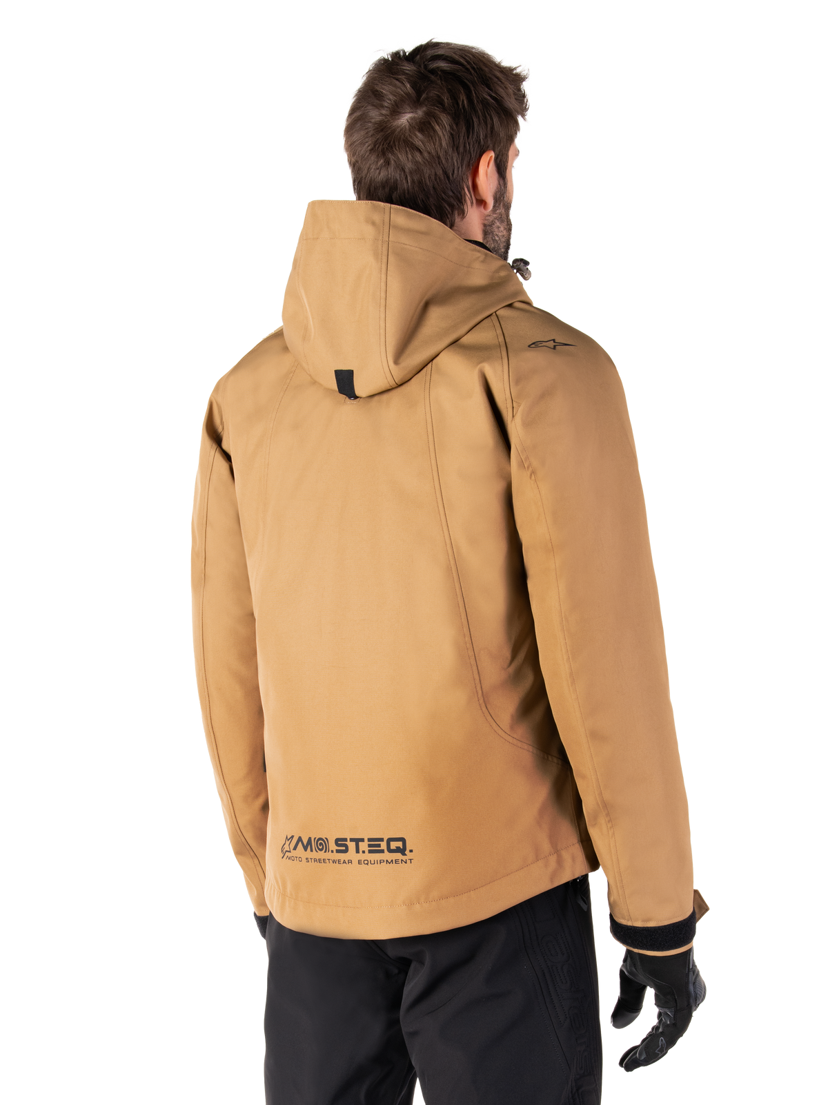 Alpinestars Morush Waterproof Parka, Motorcycle Jacket, Utility Brown, rear view showing hood and MO.ST.EQ. reflective branding, urban streetwear-inspired design with modern utility for motorcycle riders