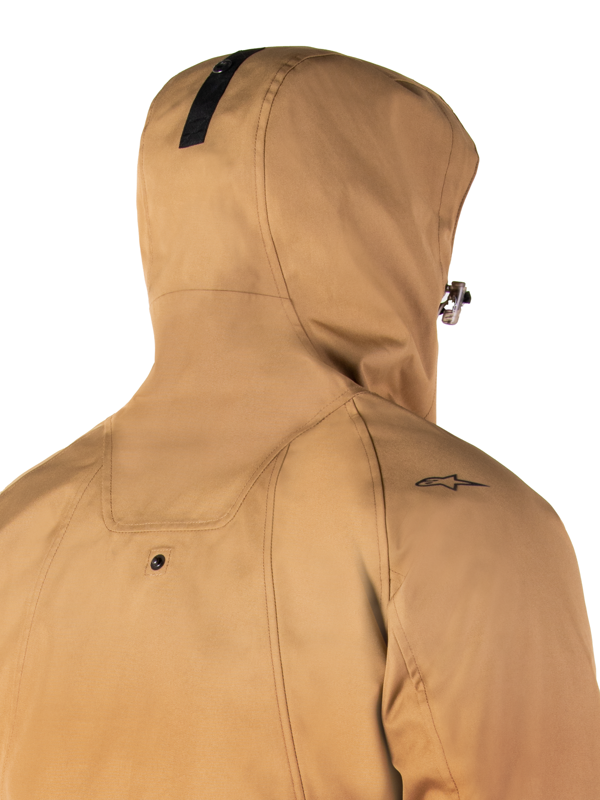 Alpinestars Morush Waterproof Parka, Utility Brown, close-up of the back and hood, featuring a small black star logo on the shoulder and hood-anchoring snap button, waterproof urban motorcycle jacket