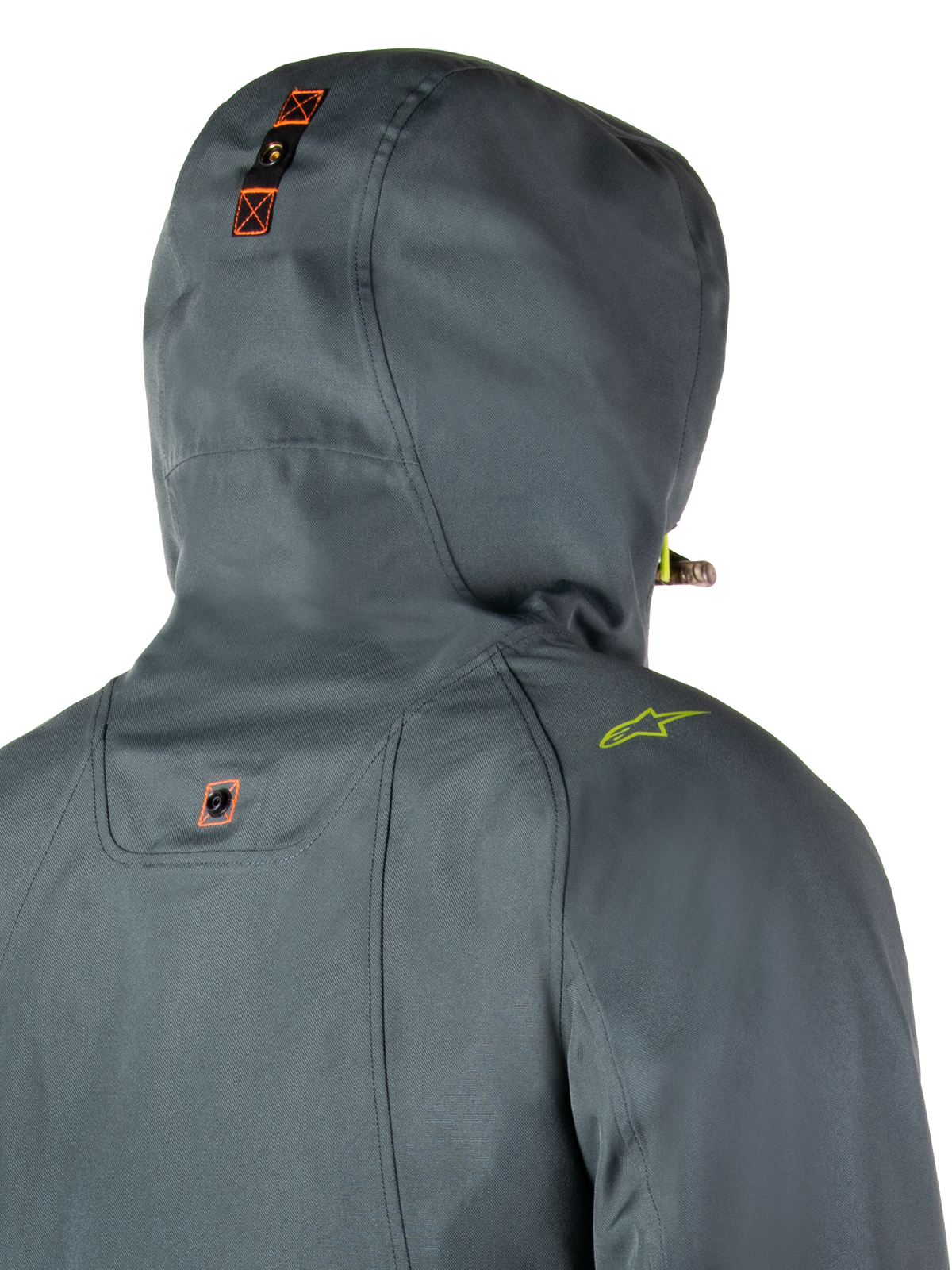 Alpinestars Morush Vandtæt Parka, Urban Gray, detaljeret bagfra-visning af hætte med trykknap-forankringssystem og orange detaljer, limegrønt skulderlogo, vandtæt urban motorcykel streetwear