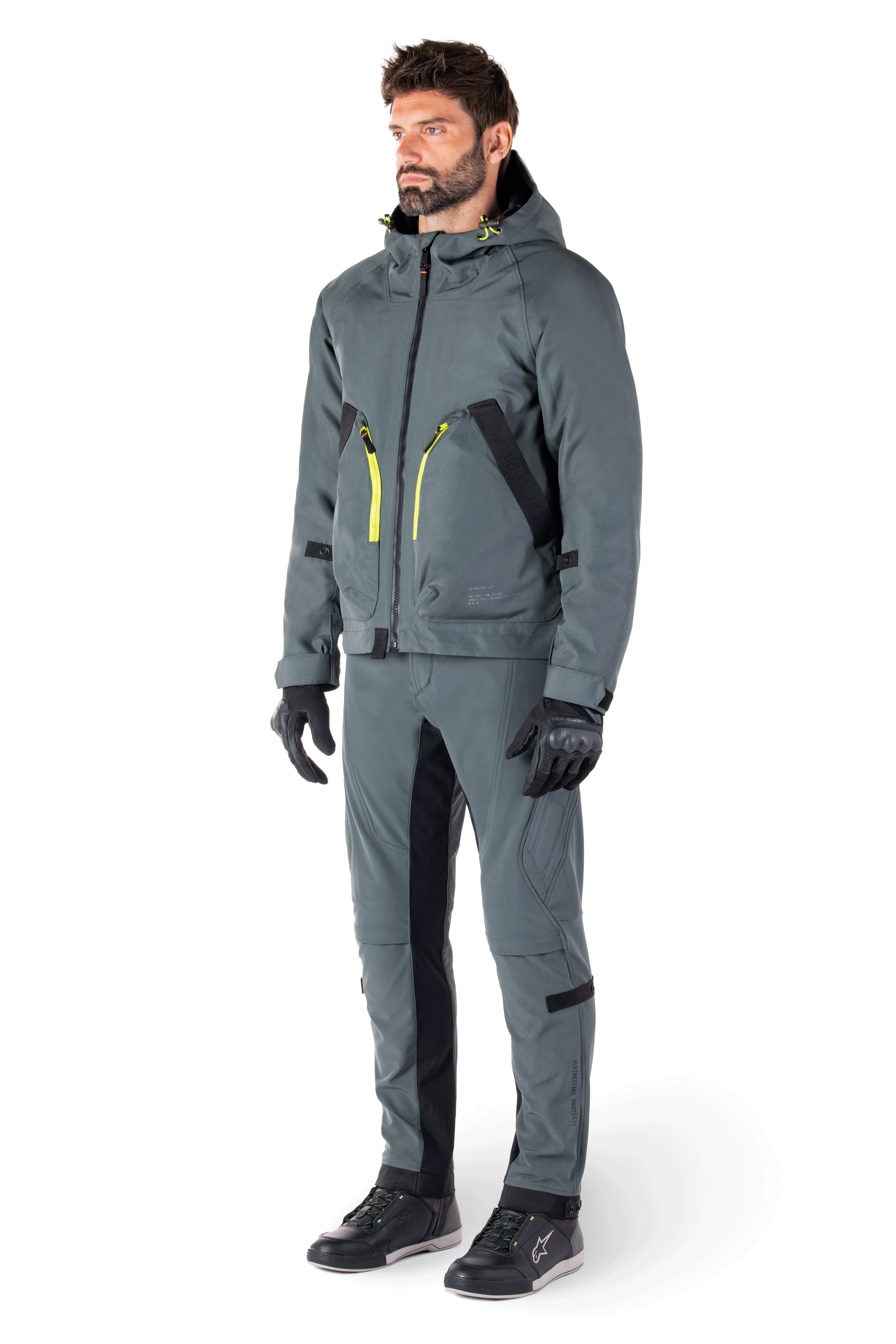 Alpinestars Morush vandtæt parka i Urban Gray, streetwear-inspireret motorcykeljakke med stormsikker hætte, store 3D-frontlommer og et minimalistisk urbant design.