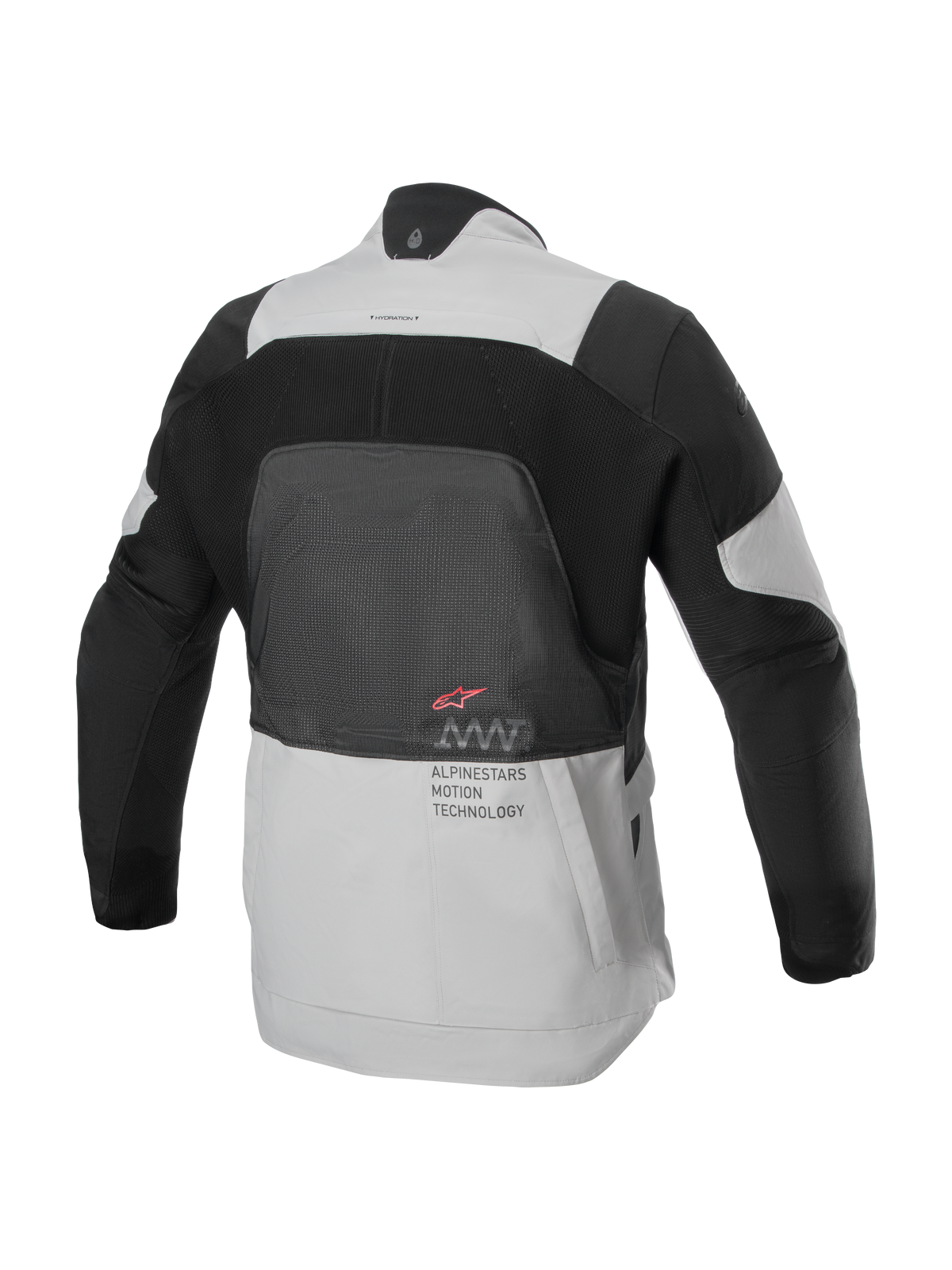 Alpinestars AMT-7 Air-jakke, set bagfra, Tan og Dark Shadow, teknisk motorcykeljakke med stort MATRYX®-meshpanel på ryggen, 'Alpinestars Motion Technology'-tekst og rødt logo, designet til sommer-adventure-touring