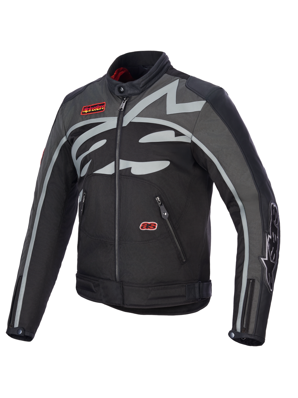 Alpinestars Axton Jacket, Motorcycle Jacket, Black Anthracite Red Tangerine, featuring a large grey wrap-around logo on the chest, red branded patches, textile and leather construction, vintage racing-inspired design for urban and road riding